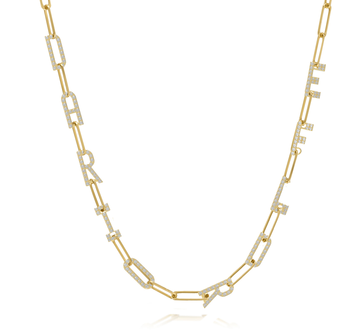 Paper clip chain necklace with pave letters