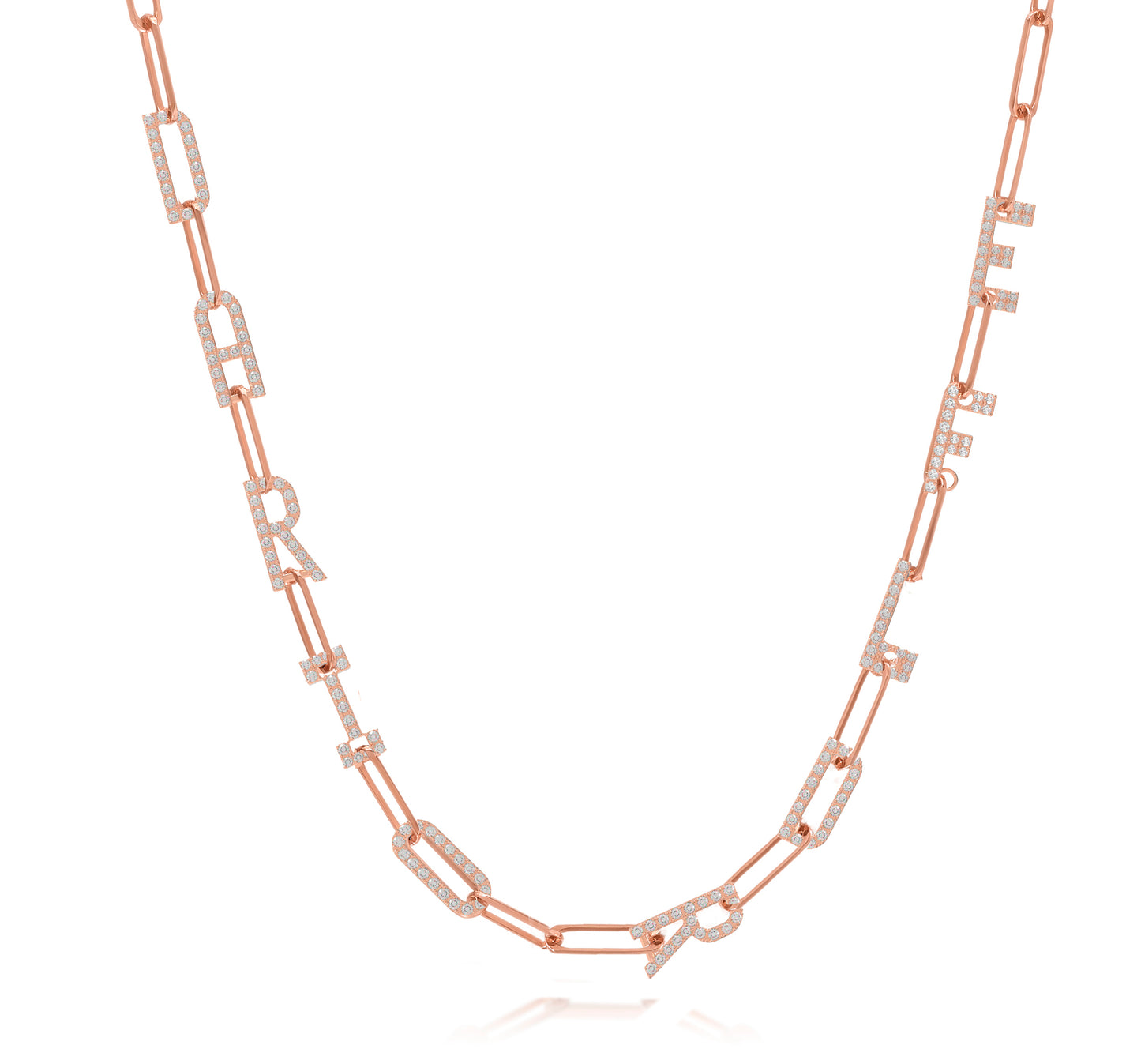 Paper clip chain necklace with pave letters