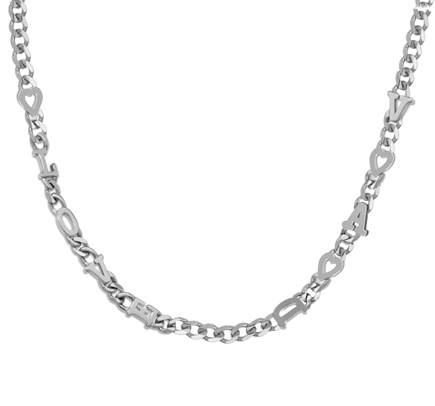Large curb chain necklace with gold etterrs