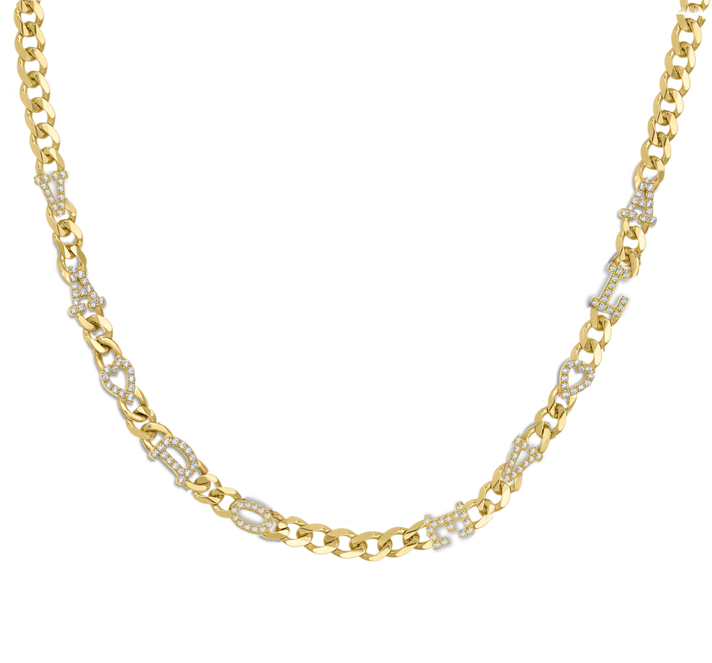Large curb chain necklace with pave letterrs