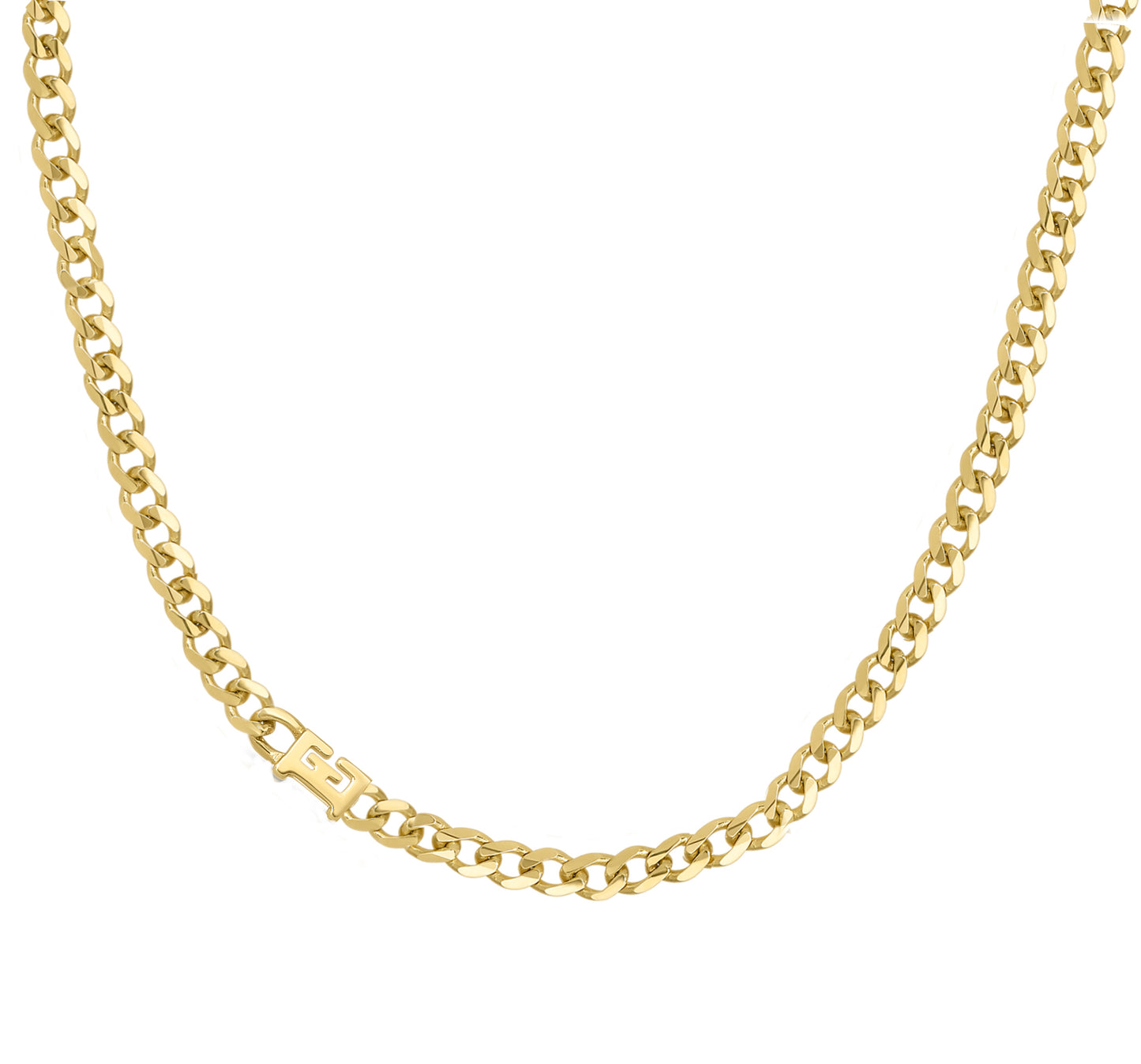 Large curb chain necklace with gold etterrs