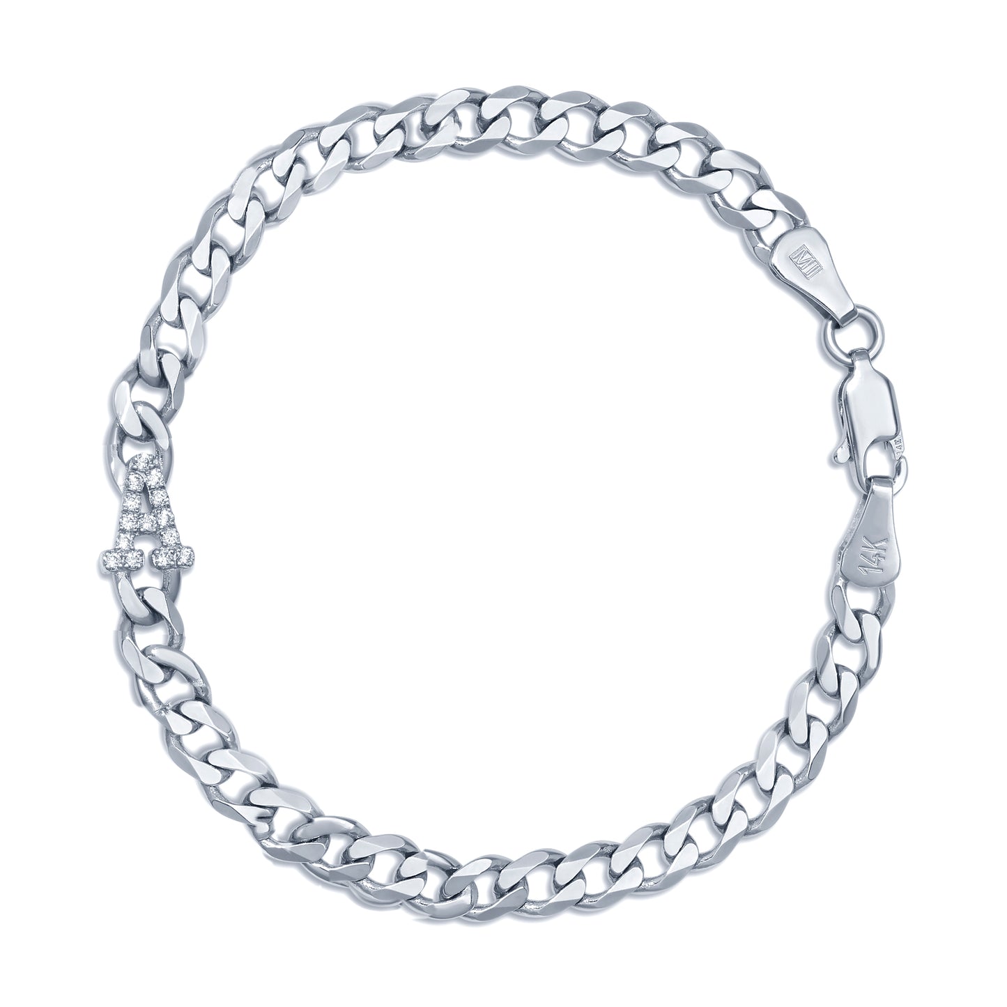 Large curb chain bracelet with diamond letters .