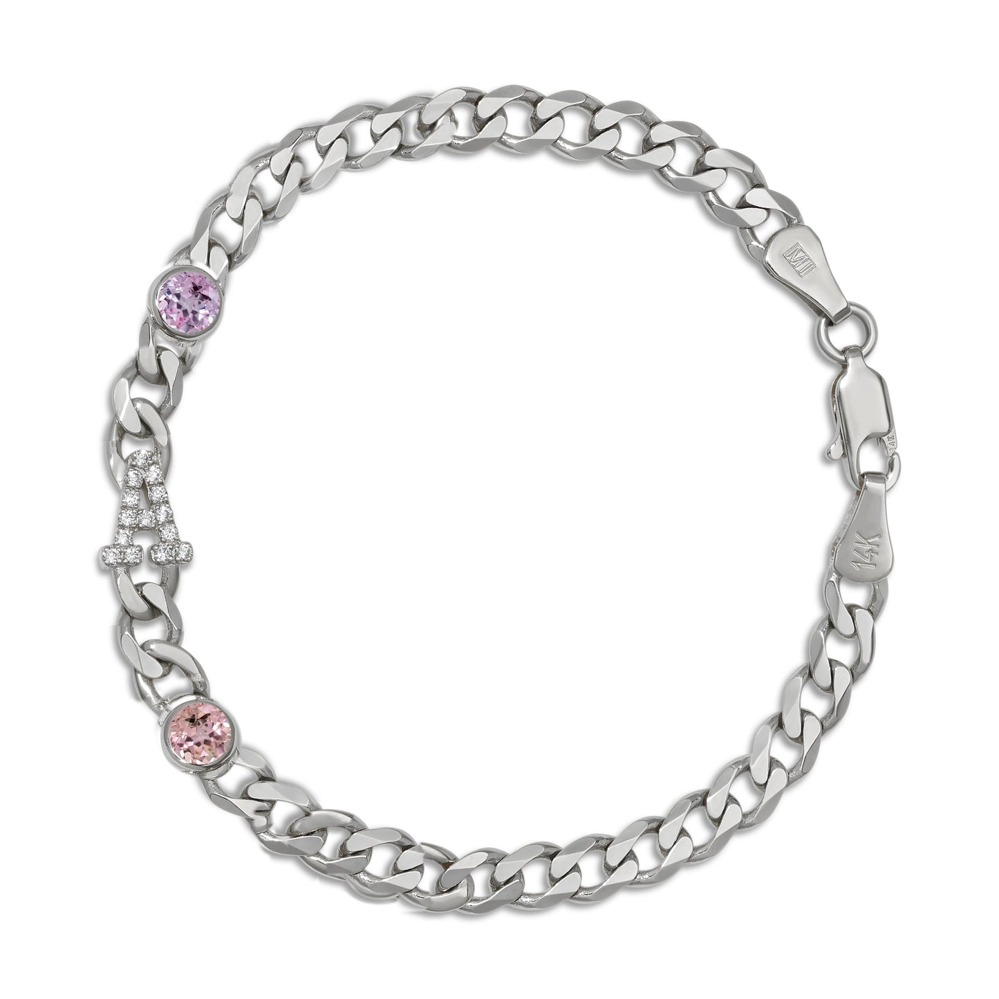 Large curb chain bracelet with diamond letters .