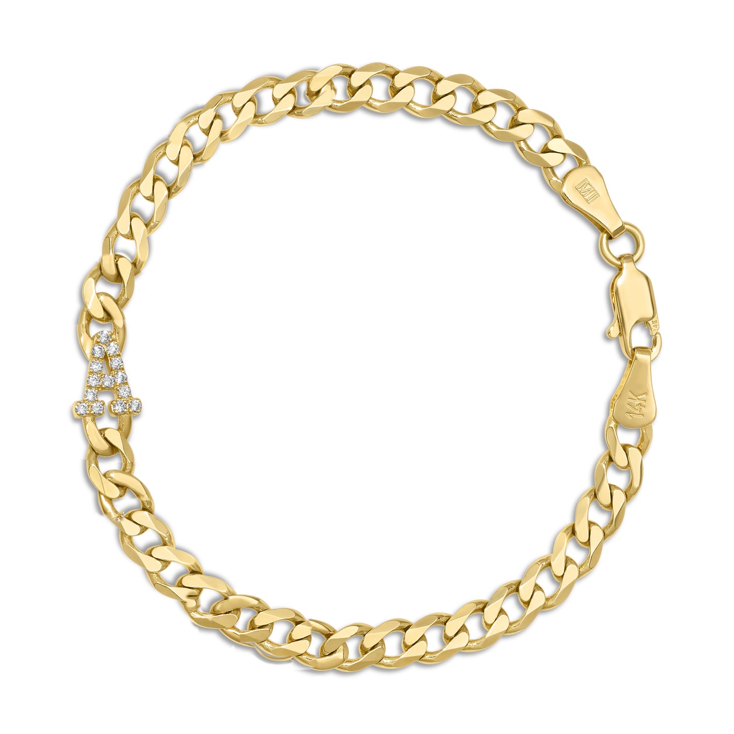 Large curb chain bracelet with diamond letters .