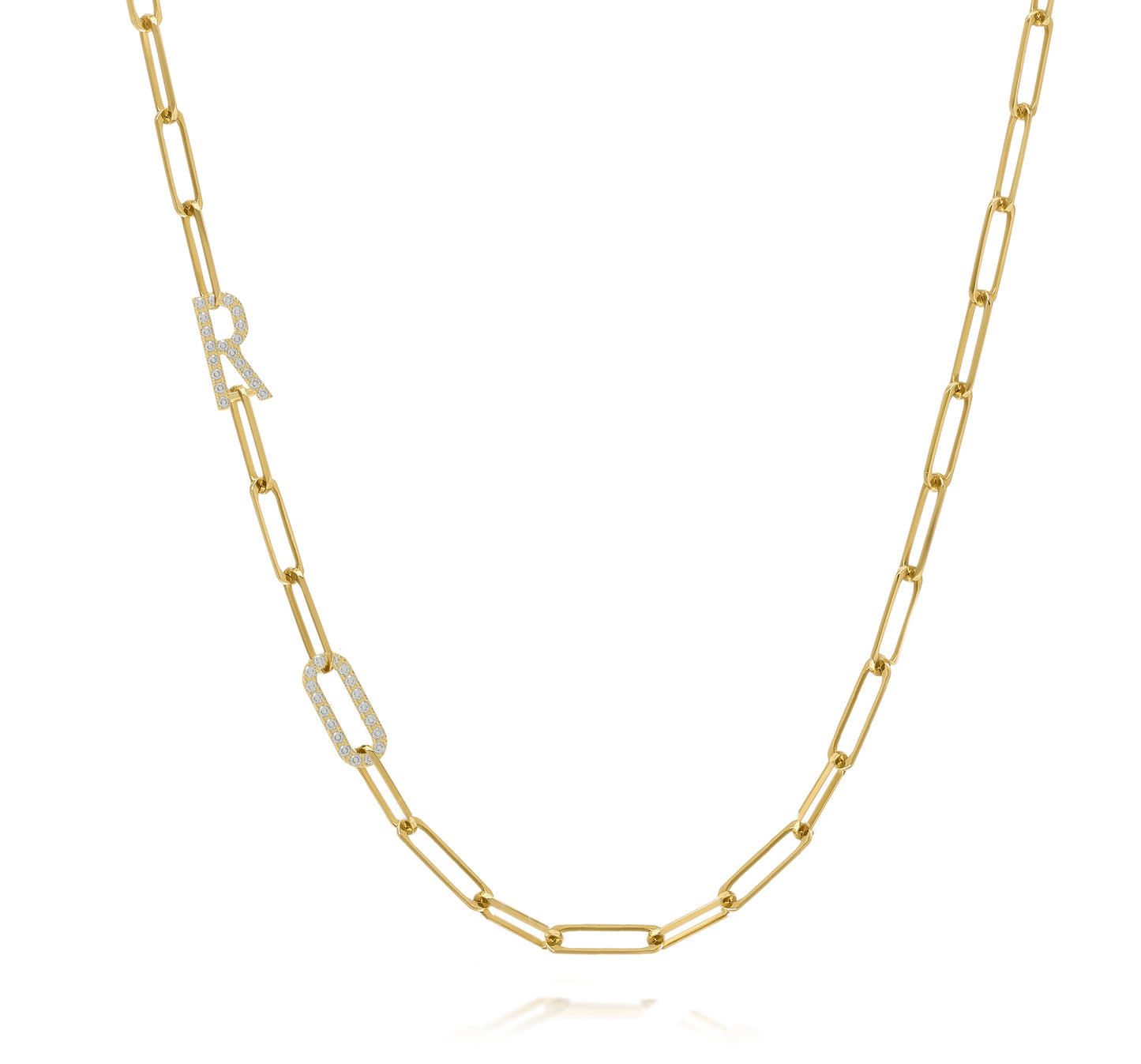 Paper clip chain necklace with pave letters