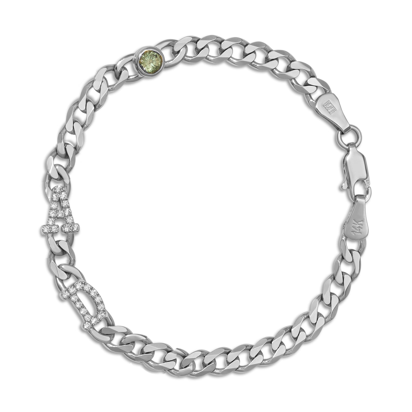 Large curb chain bracelet with diamond letters .