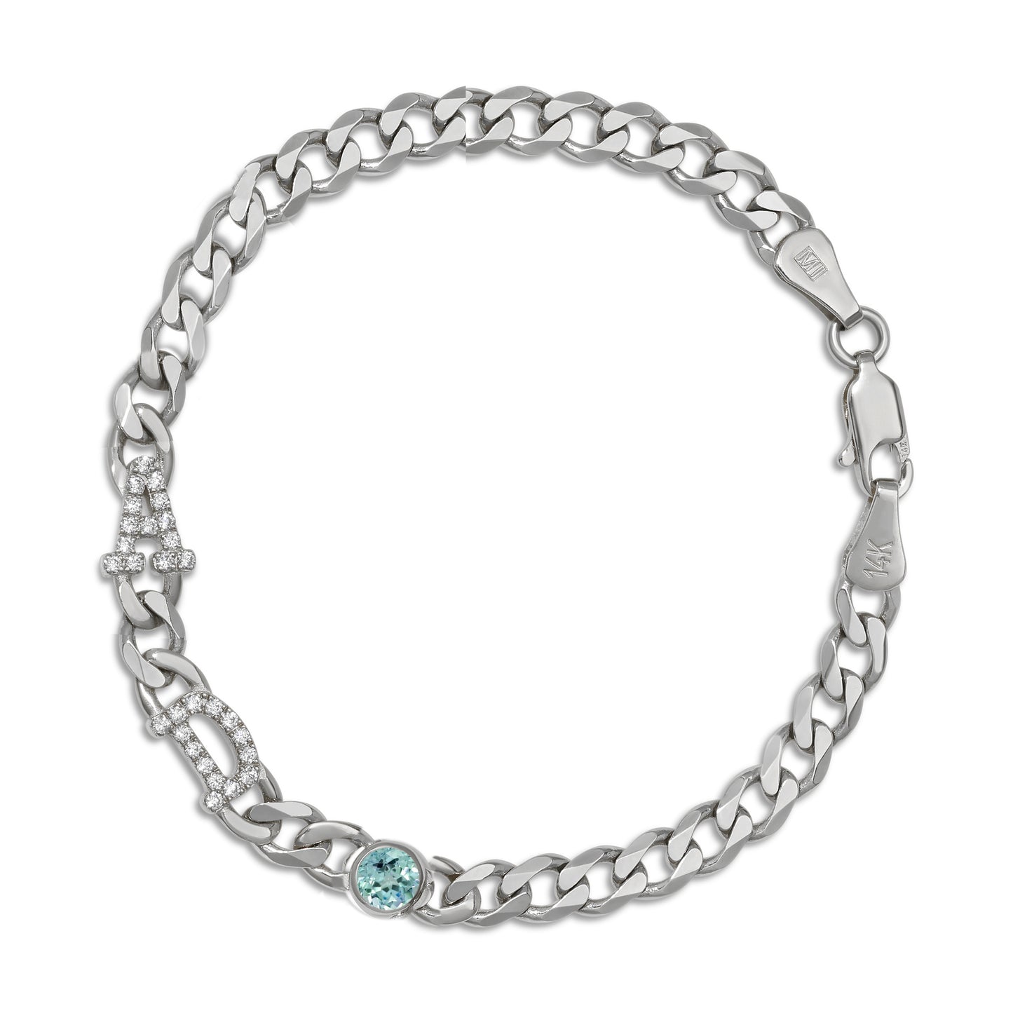 Large curb chain bracelet with diamond letters .