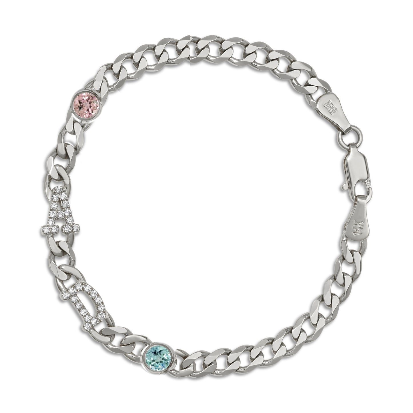 Large curb chain bracelet with diamond letters .