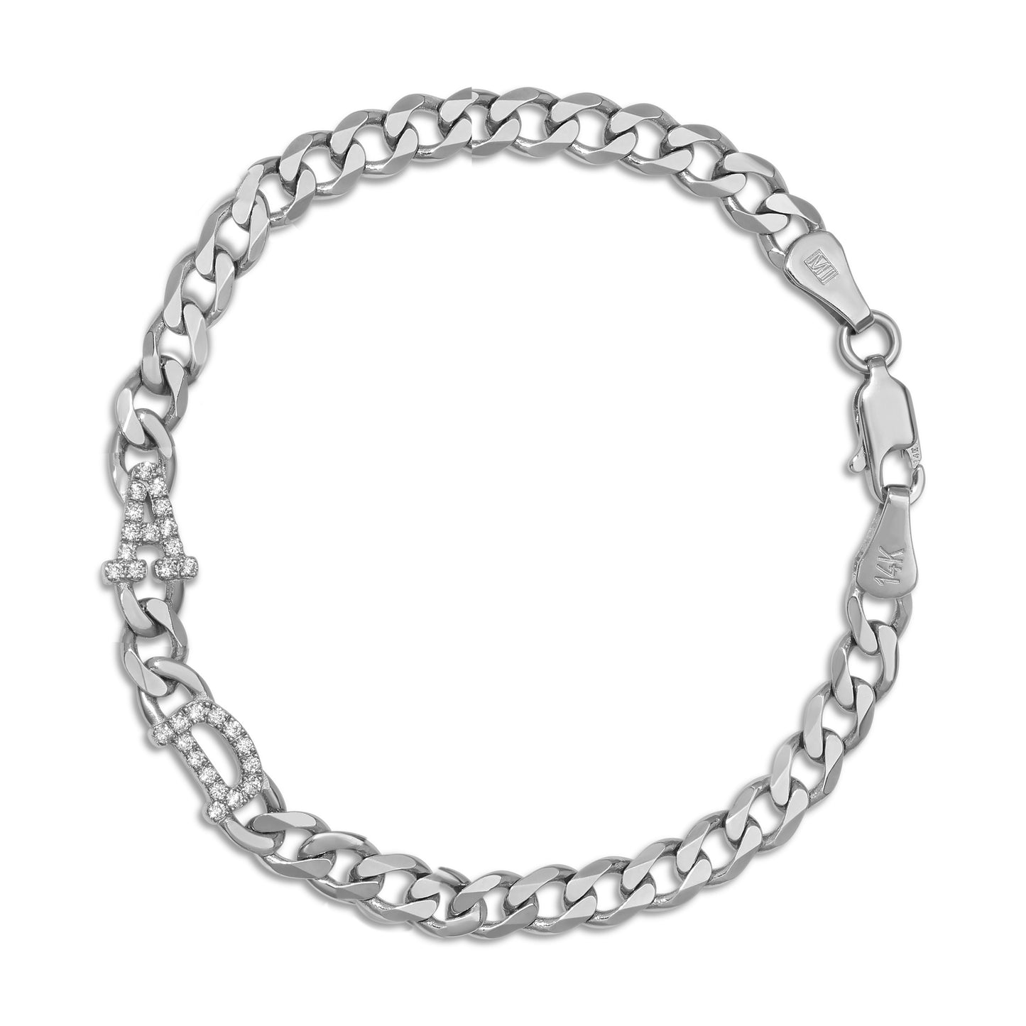 Large curb chain bracelet with diamond letters .