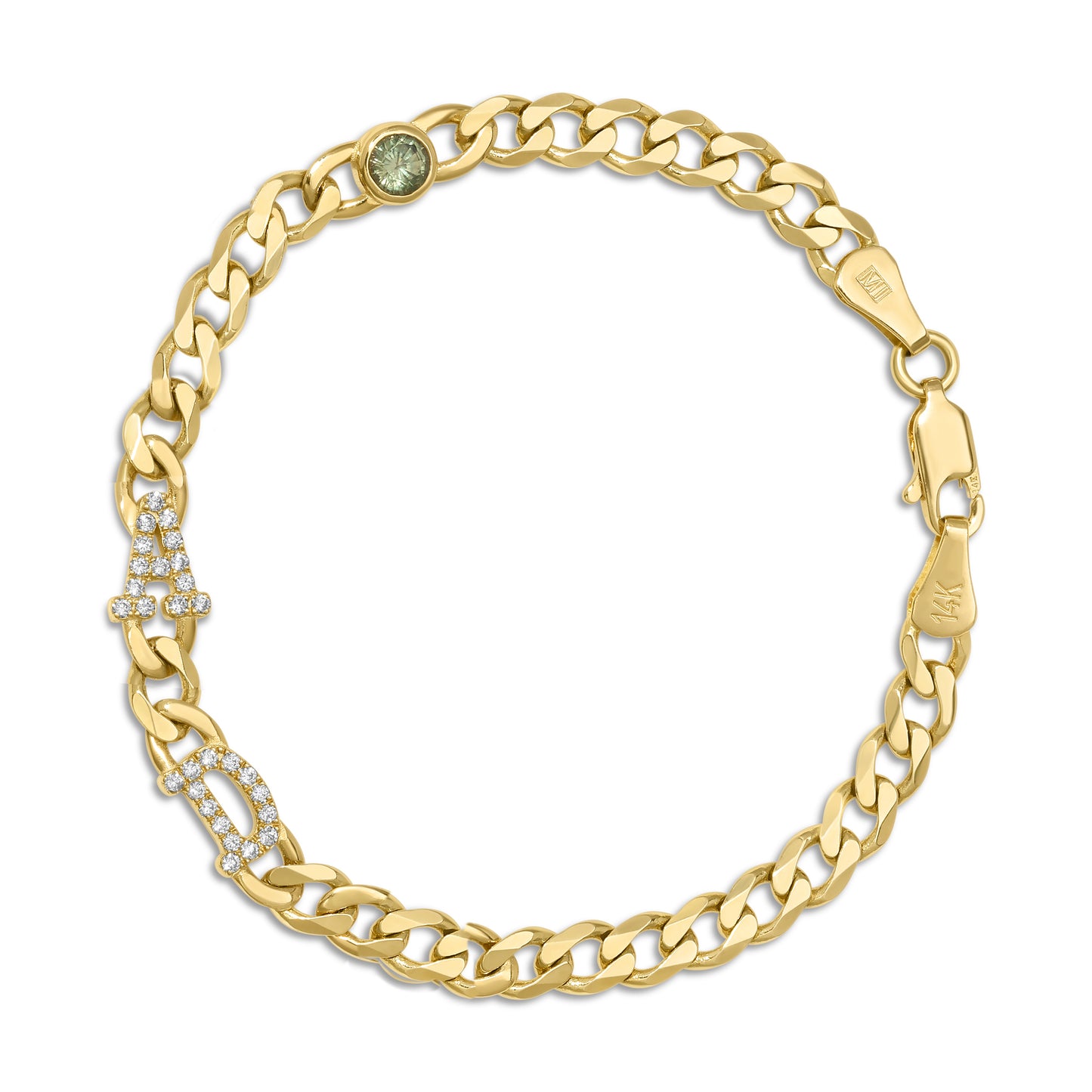 Large curb chain bracelet with diamond letters .