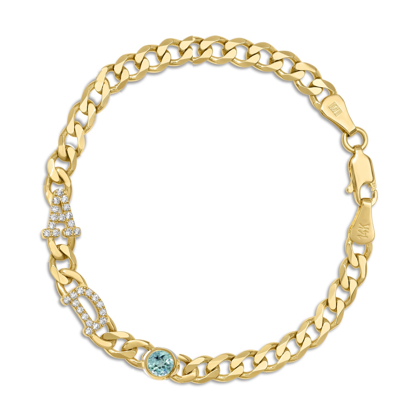 Large curb chain bracelet with diamond letters .