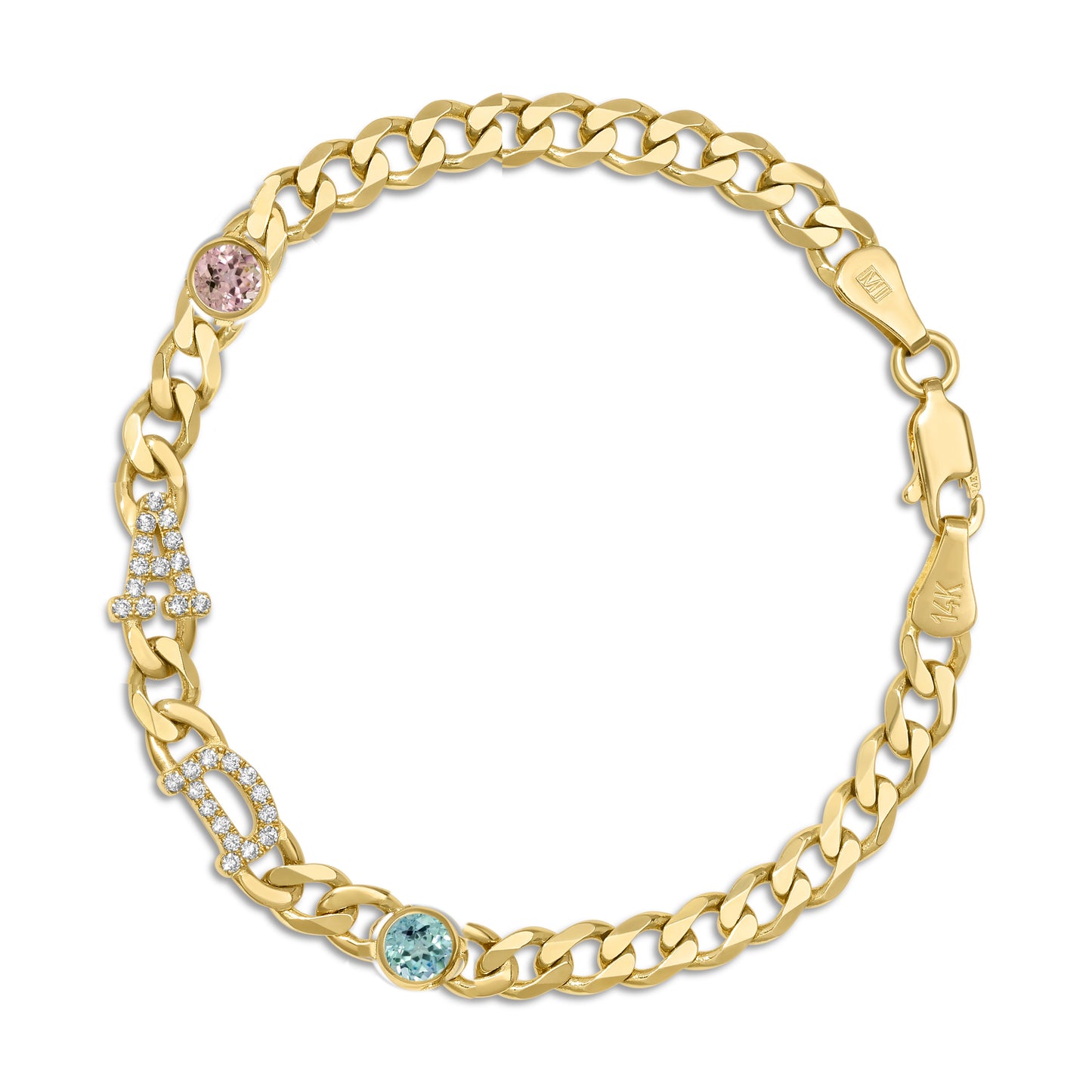 Large curb chain bracelet with diamond letters .