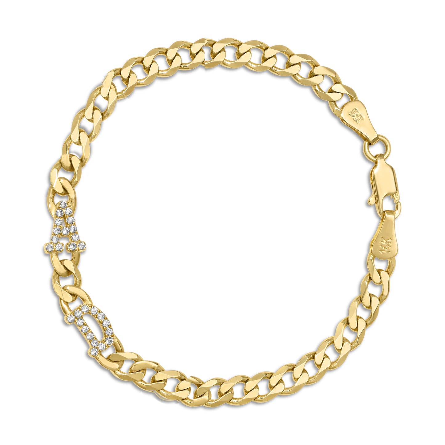 Large curb chain bracelet with diamond letters .