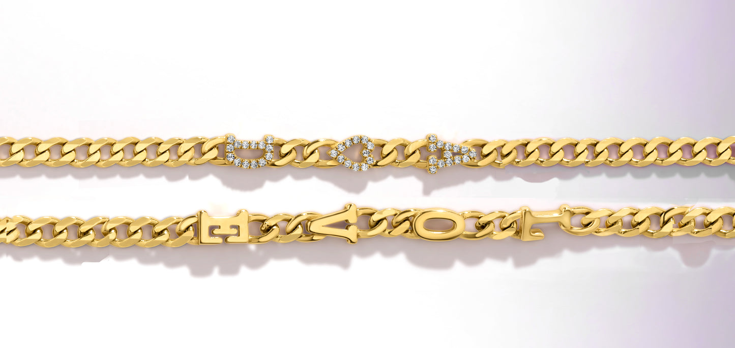 Large curb chain necklace with gold etterrs