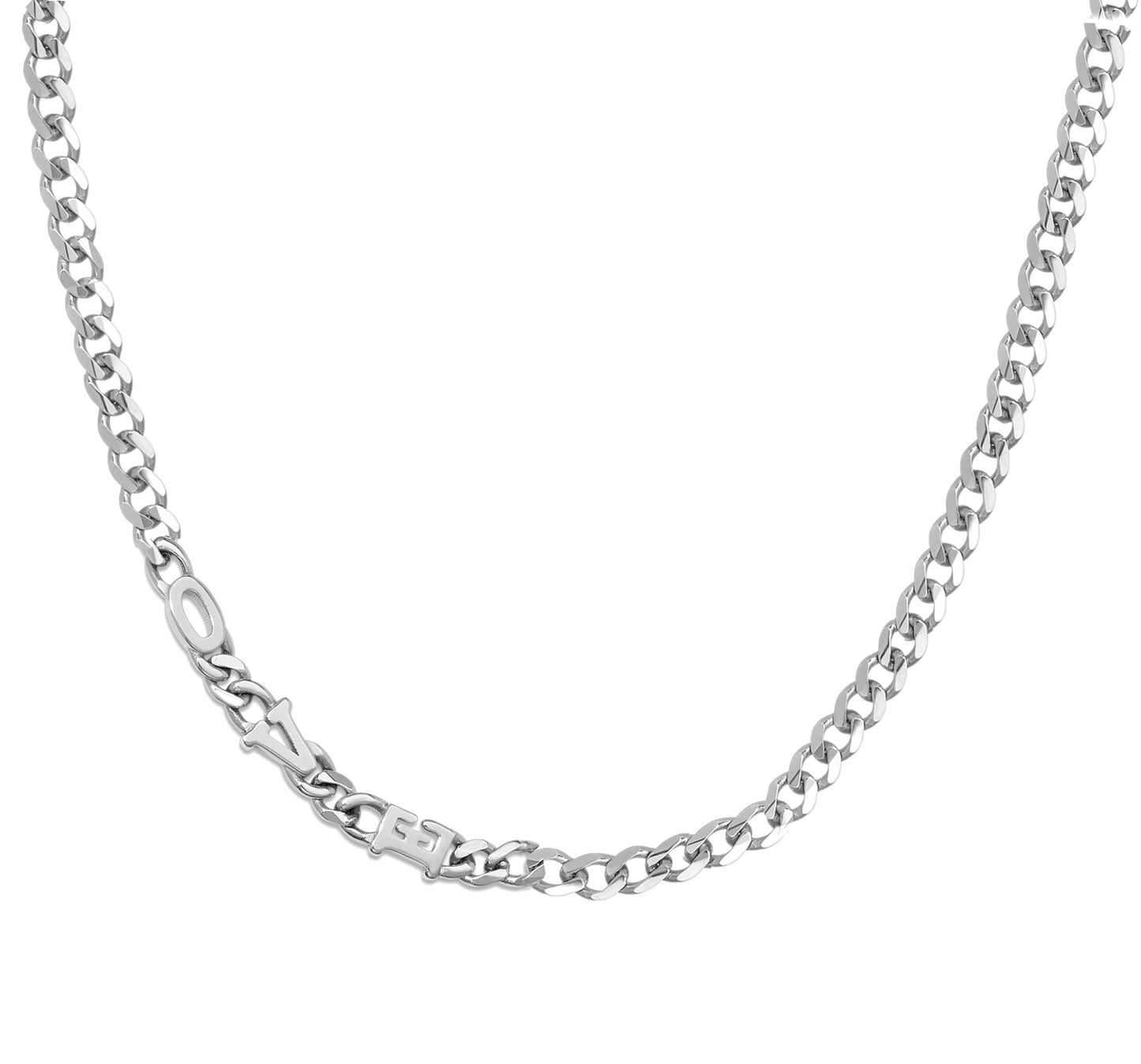 Large curb chain necklace with gold etterrs
