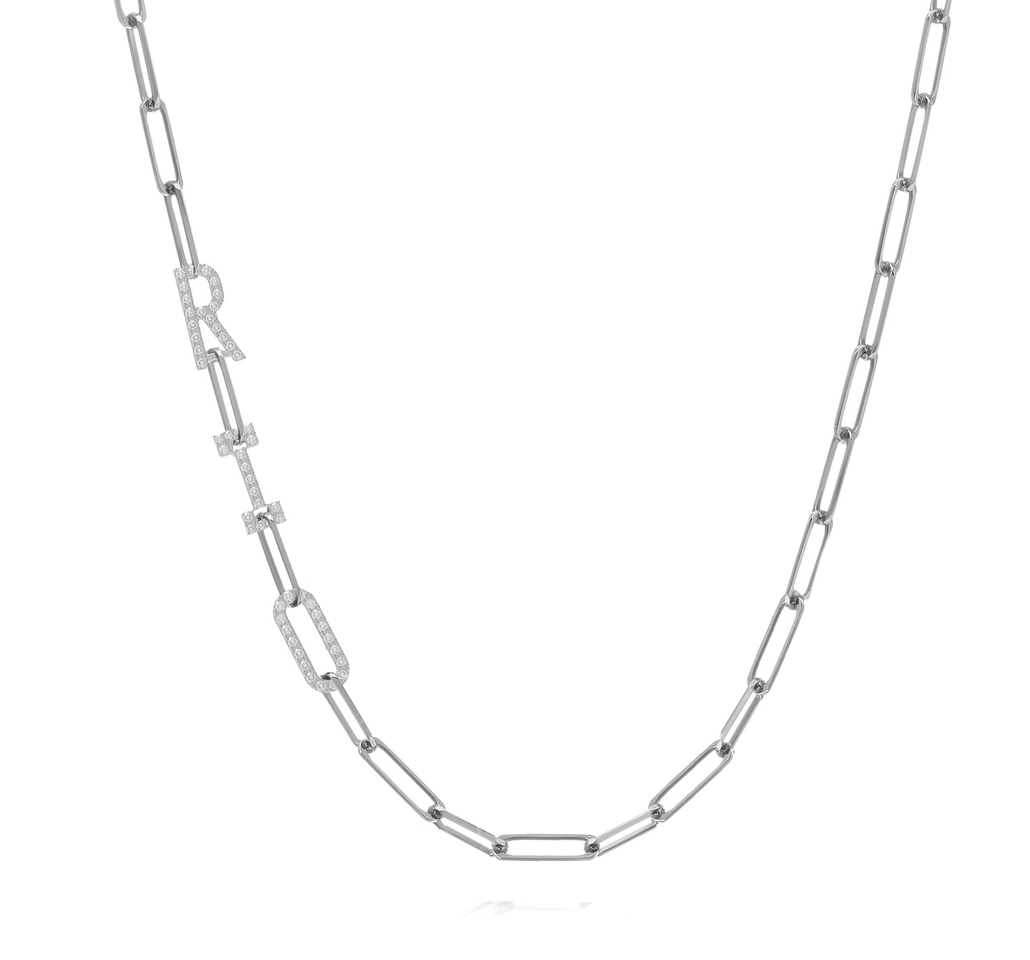Paper clip chain necklace with pave letters