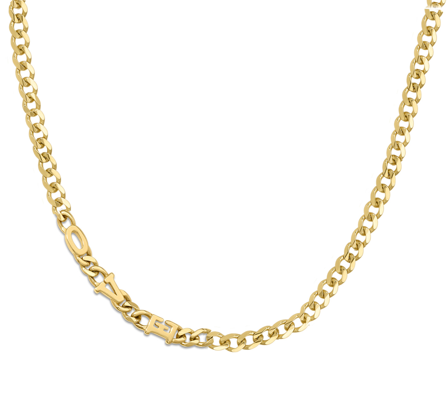 Large curb chain necklace with gold etterrs