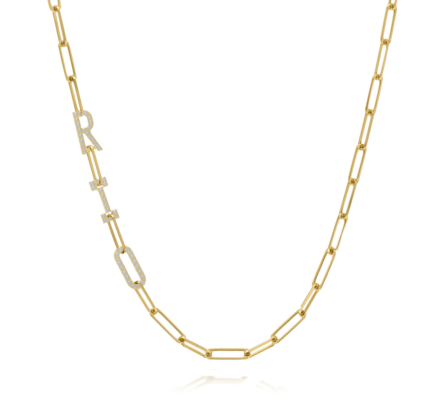 Paper clip chain necklace with pave letters