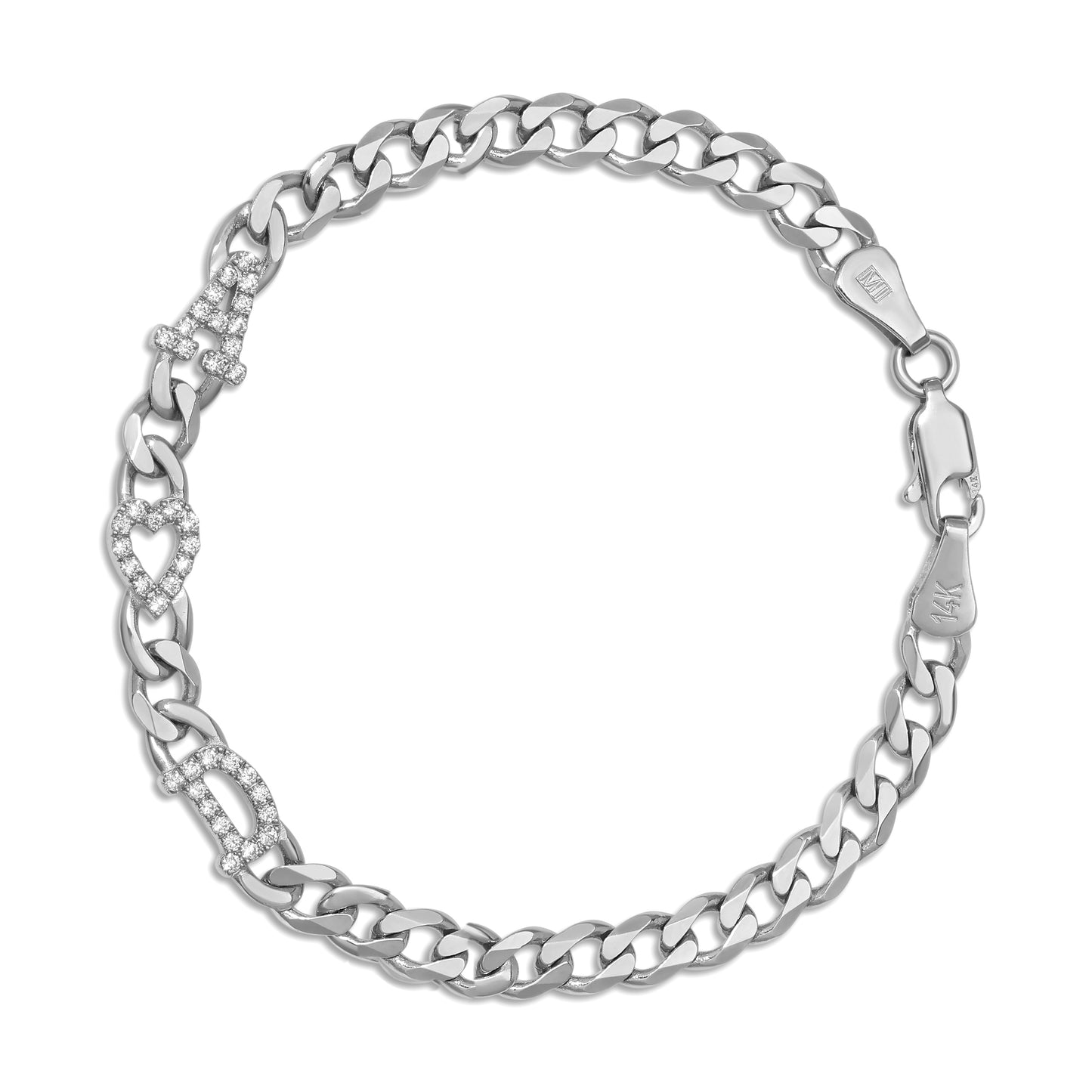 Large curb chain bracelet with diamond letters .