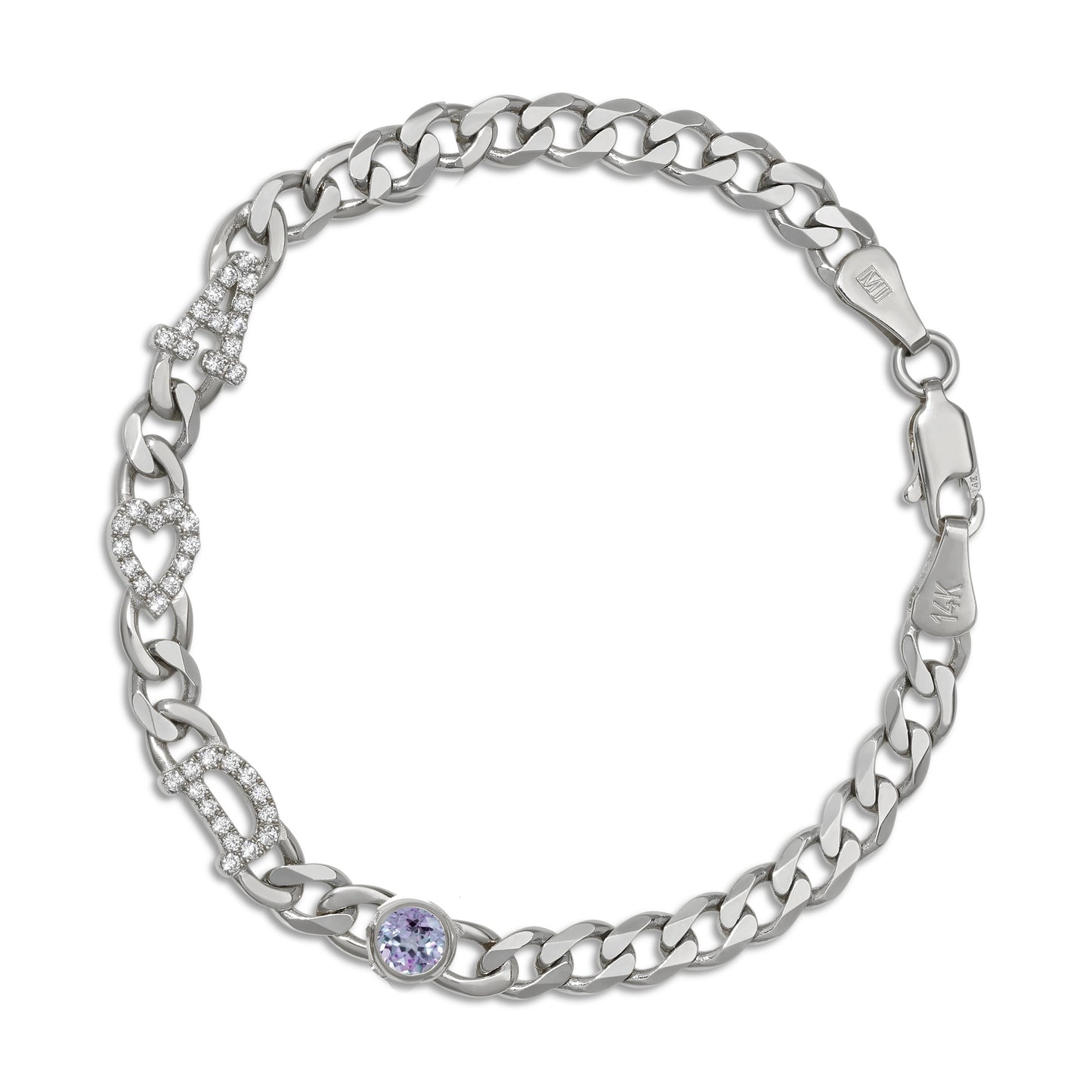 Large curb chain bracelet with diamond letters .