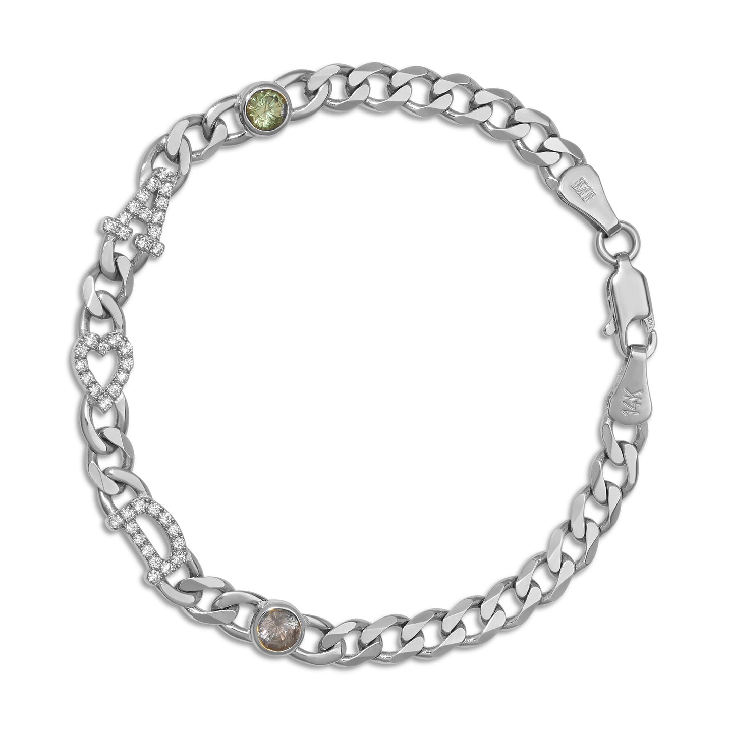 Large curb chain bracelet with diamond letters .