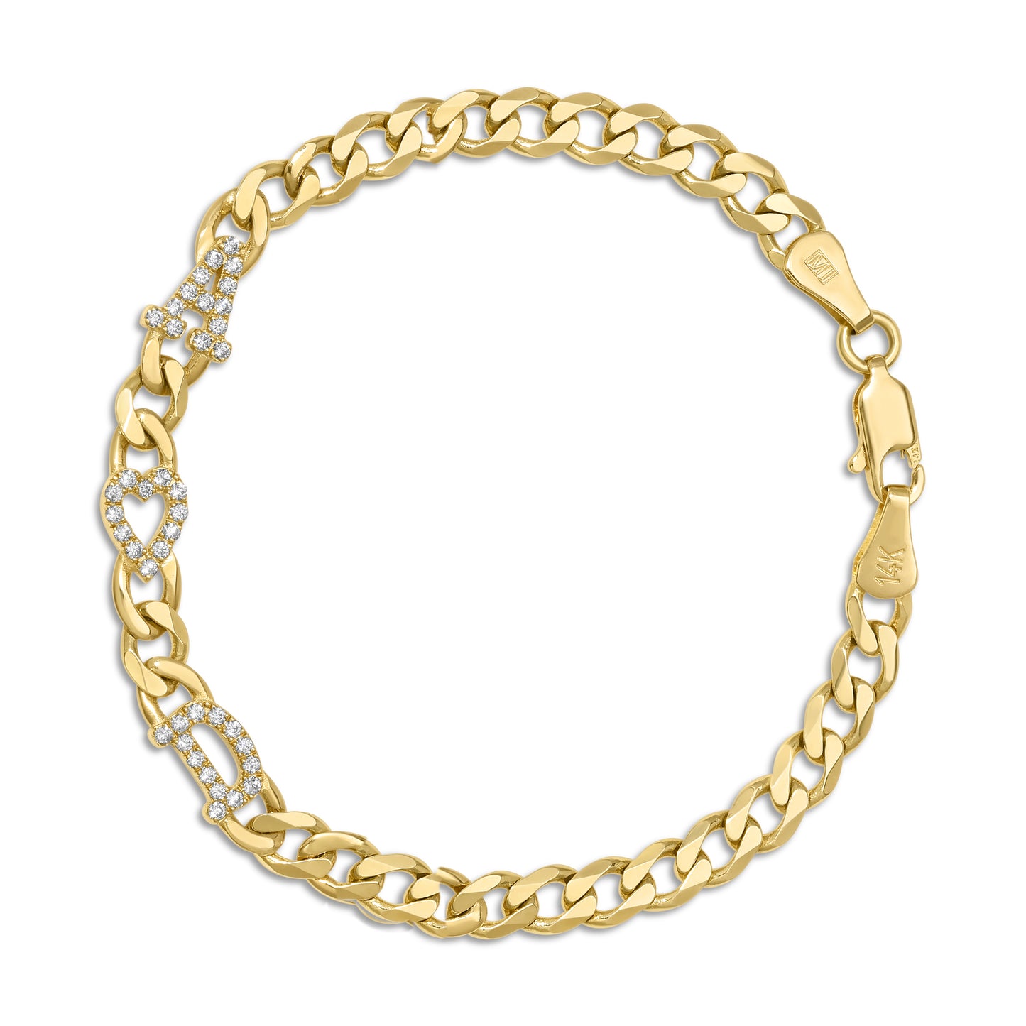 Large curb chain bracelet with diamond letters .