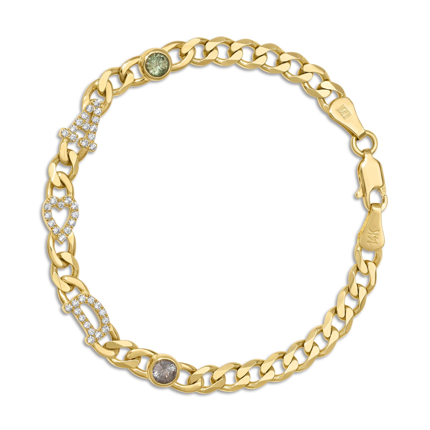 Large curb chain bracelet with diamond letters .