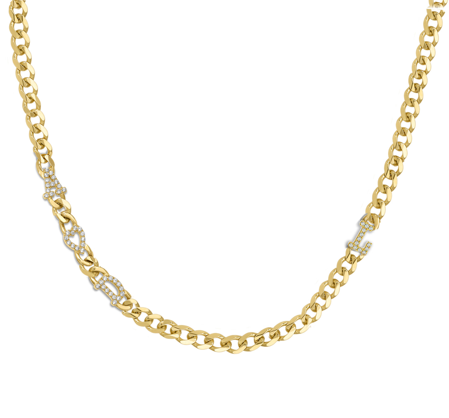 Large curb chain necklace with pave letterrs