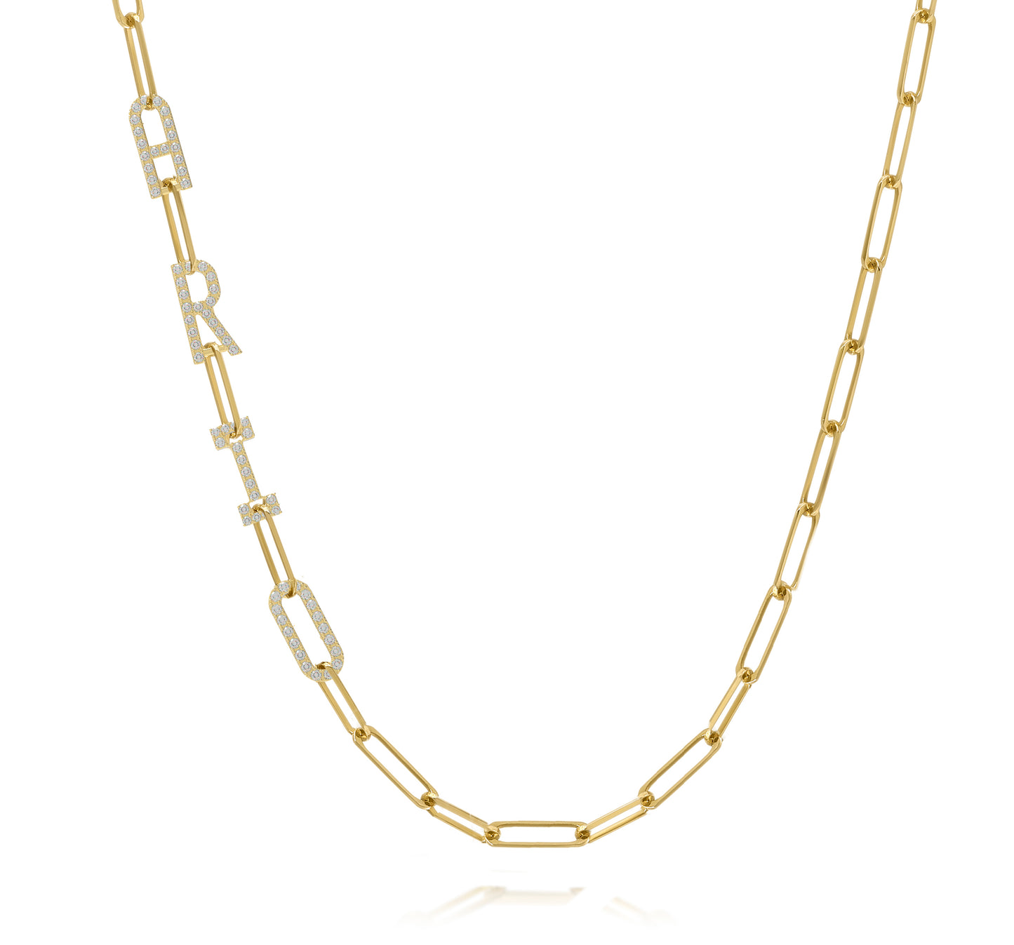 Paper clip chain necklace with pave letters