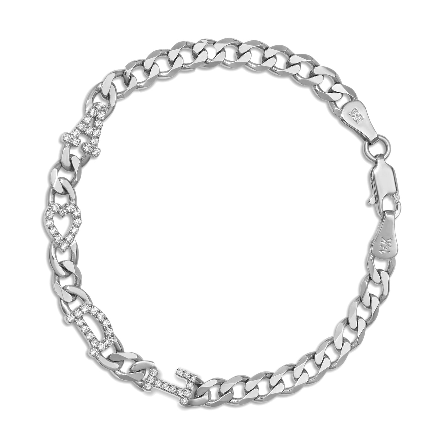 Large curb chain bracelet with diamond letters .