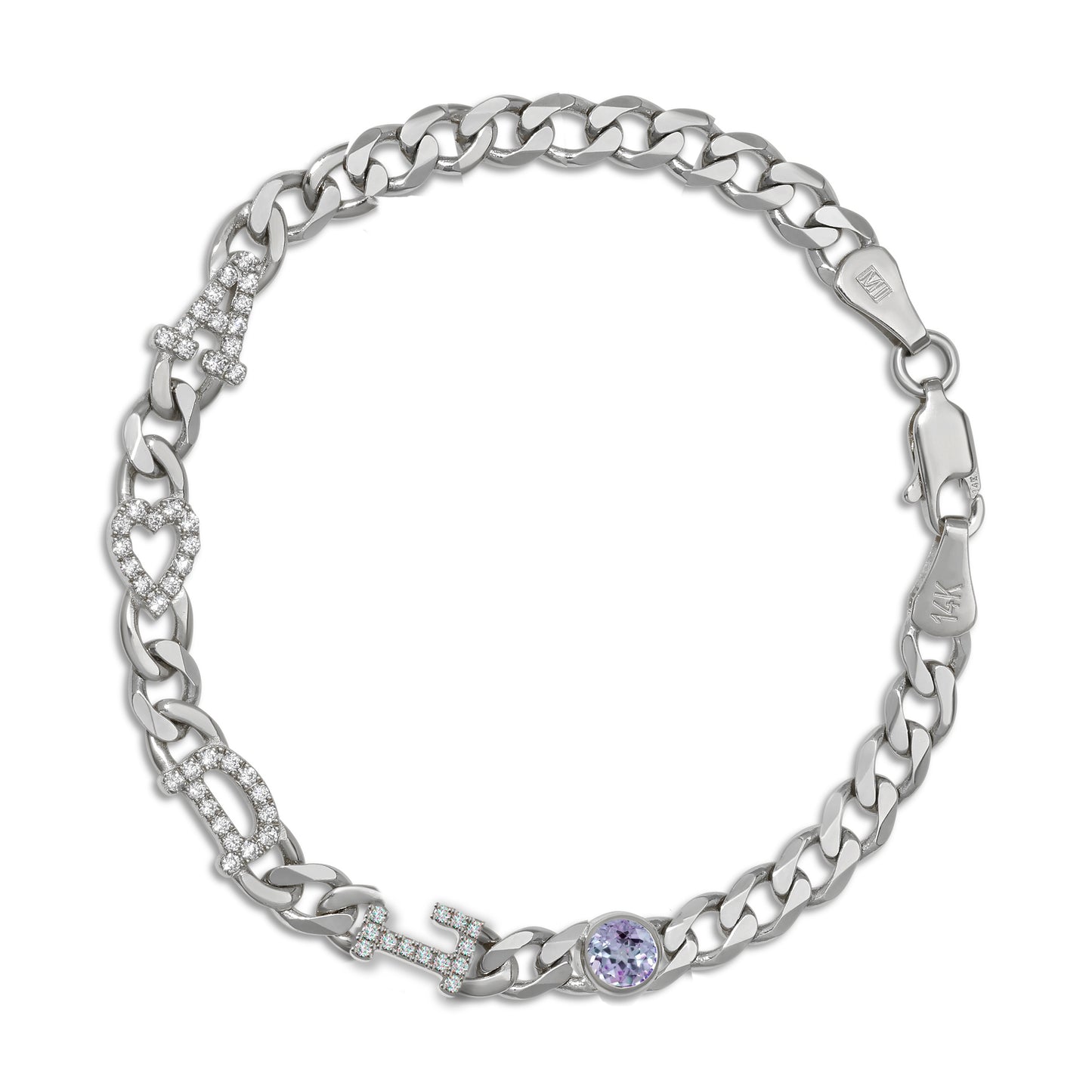 Large curb chain bracelet with diamond letters .