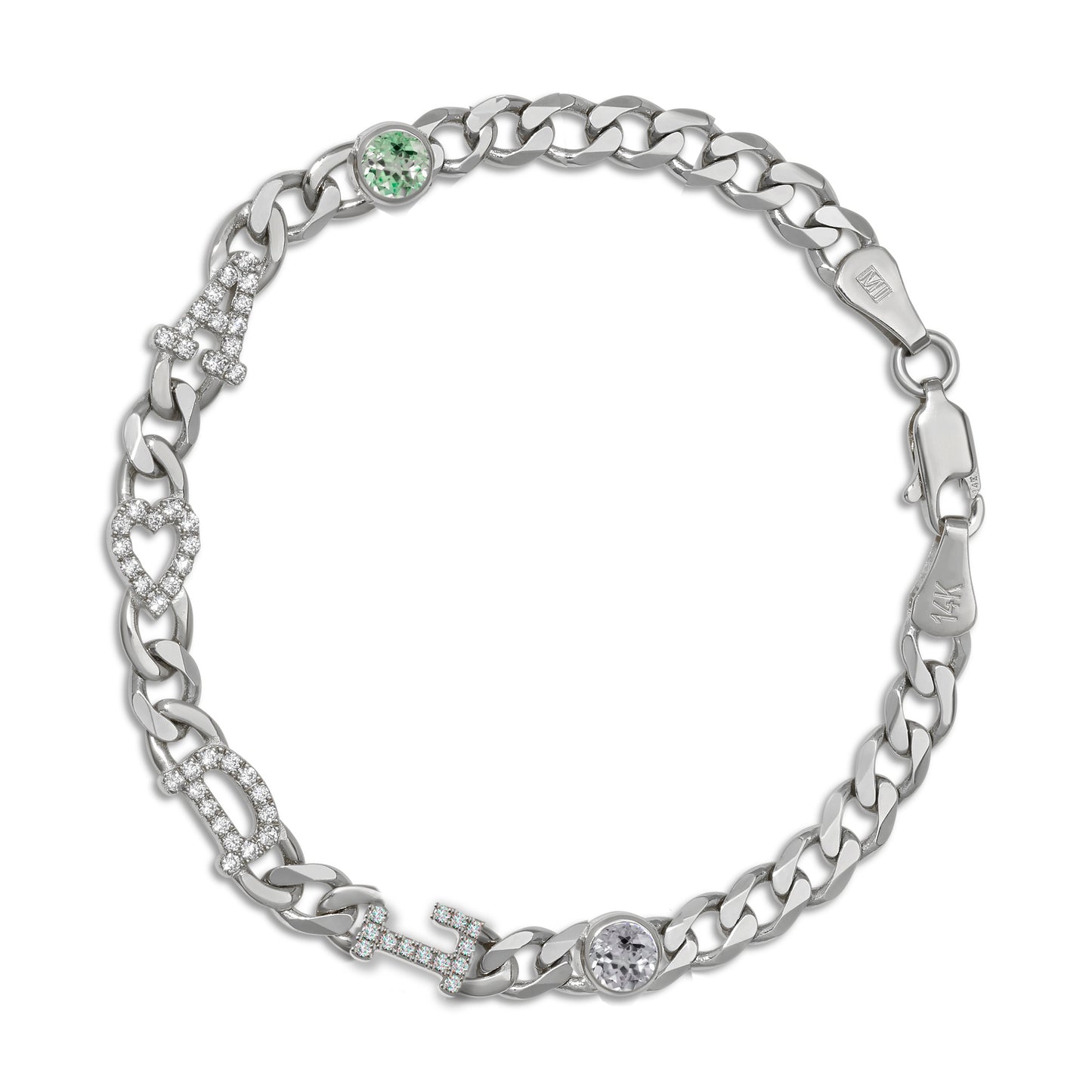 Large curb chain bracelet with diamond letters .