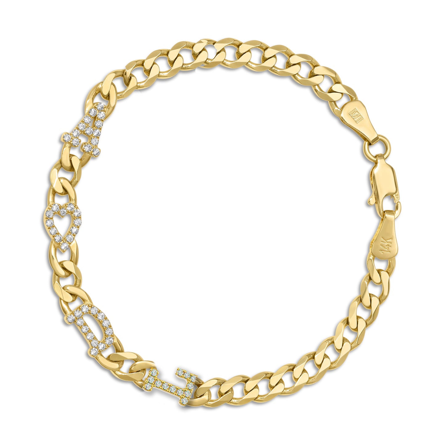 Large curb chain bracelet with diamond letters .