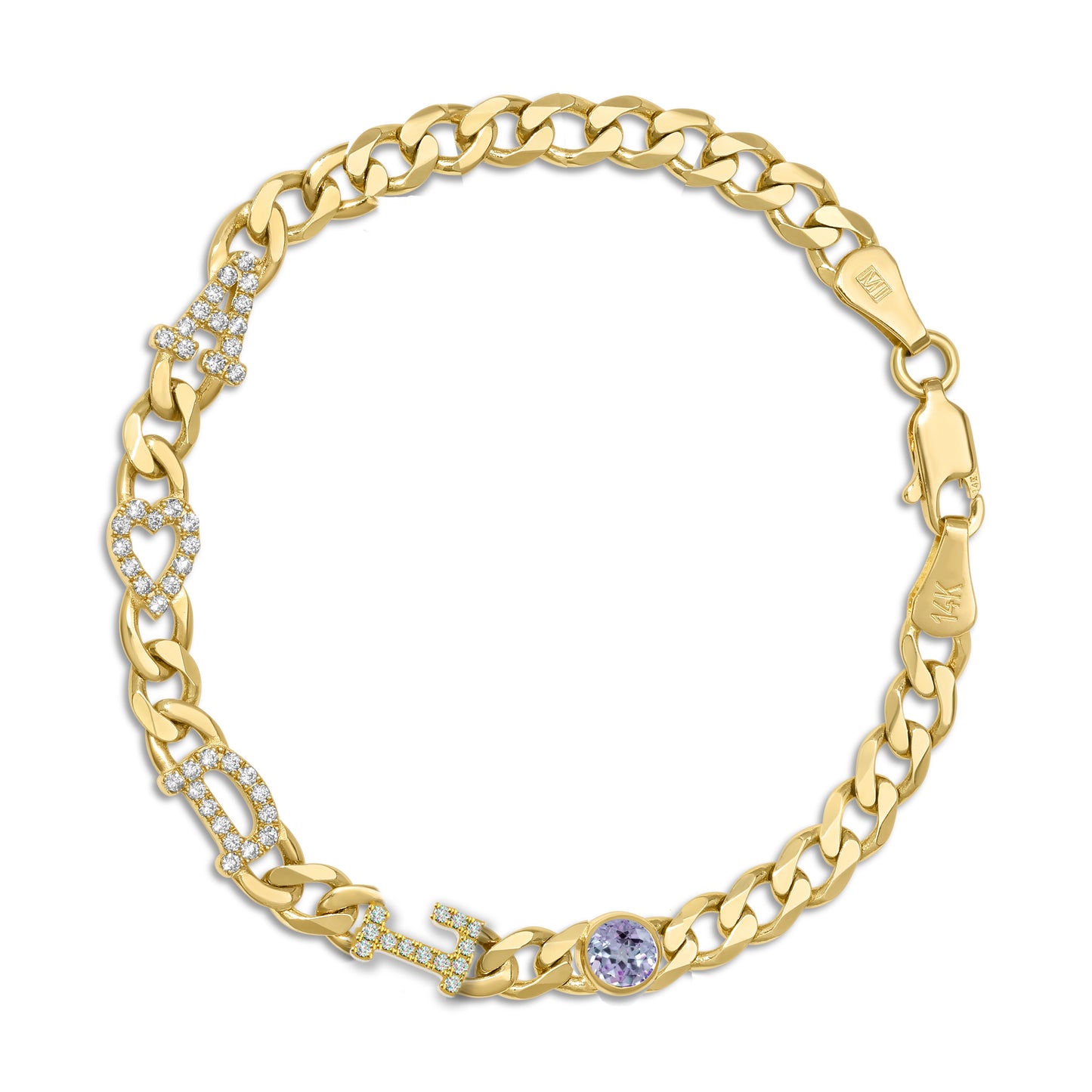 Large curb chain bracelet with diamond letters .