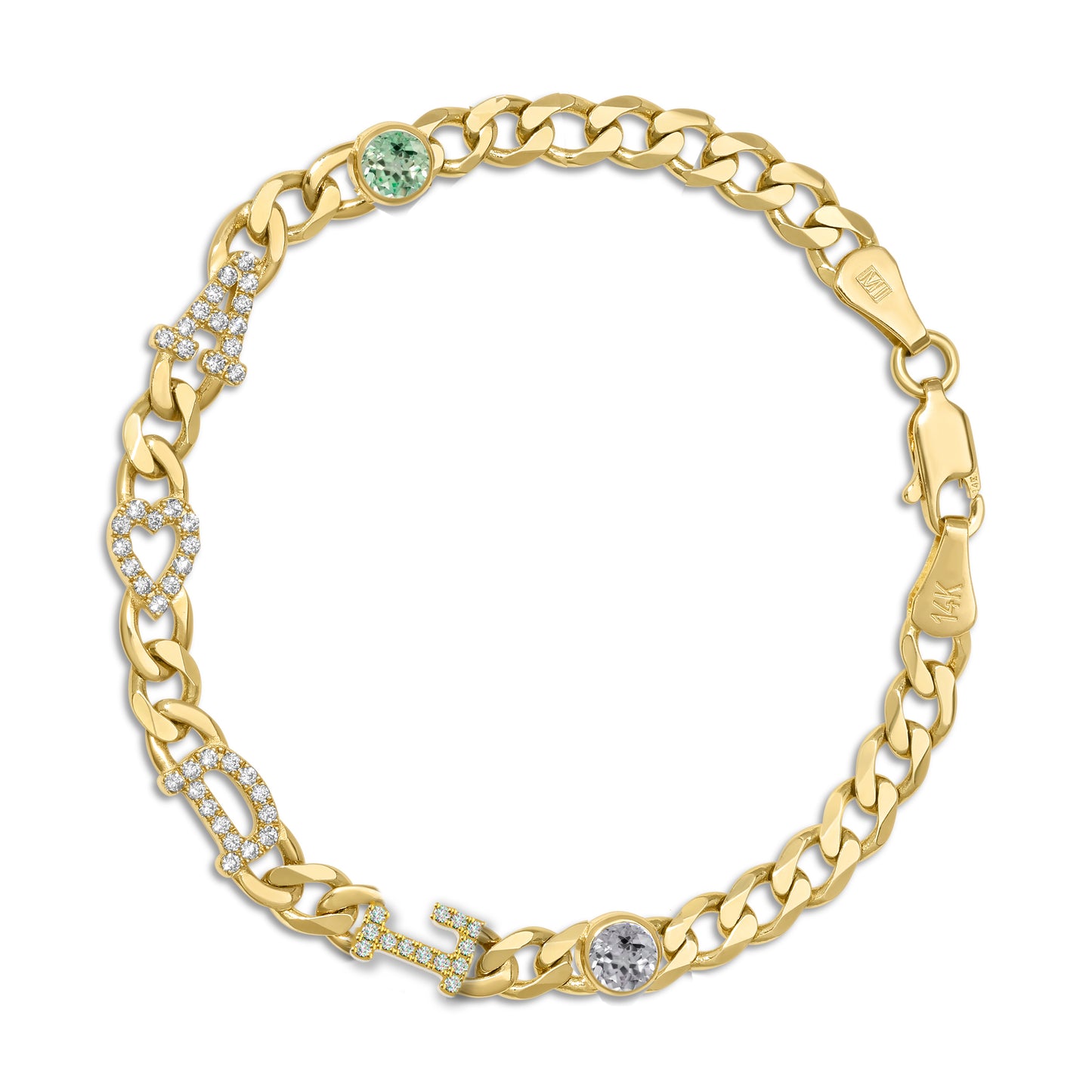 Large curb chain bracelet with diamond letters .