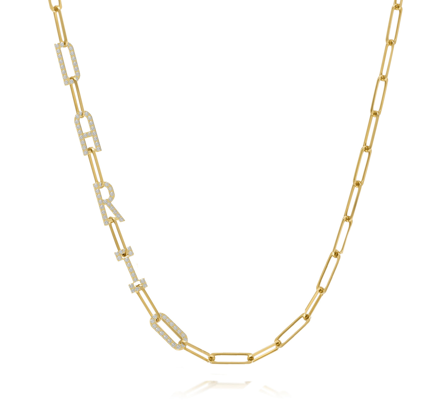 Paper clip chain necklace with pave letters