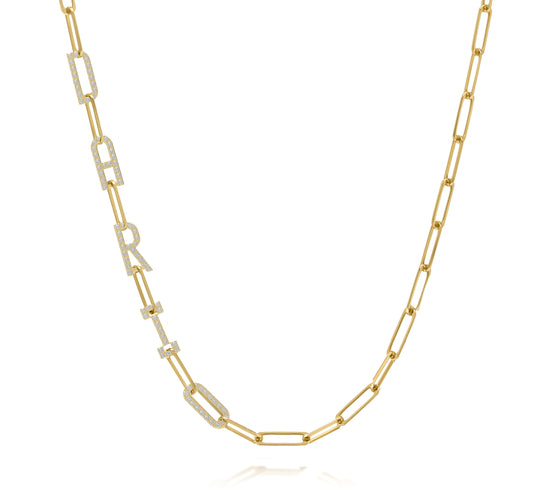 Paper clip chain necklace with pave letters
