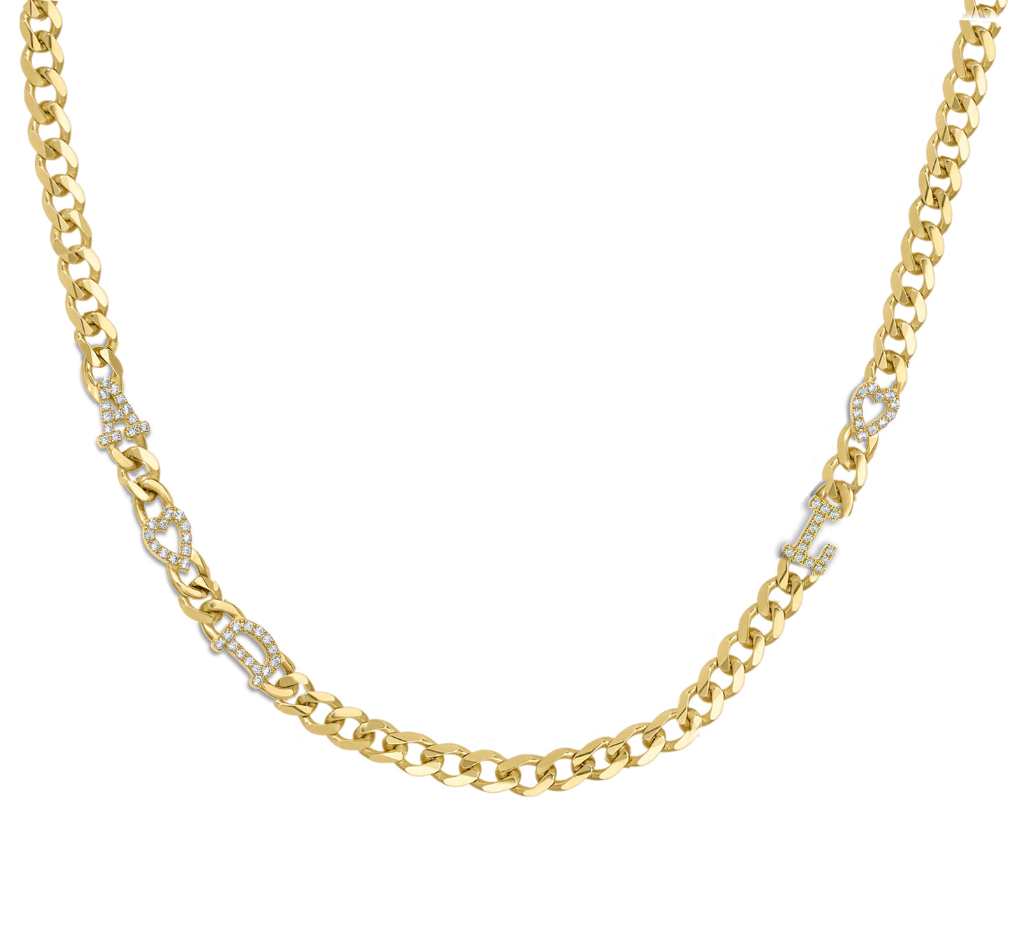 Large curb chain necklace with pave letterrs
