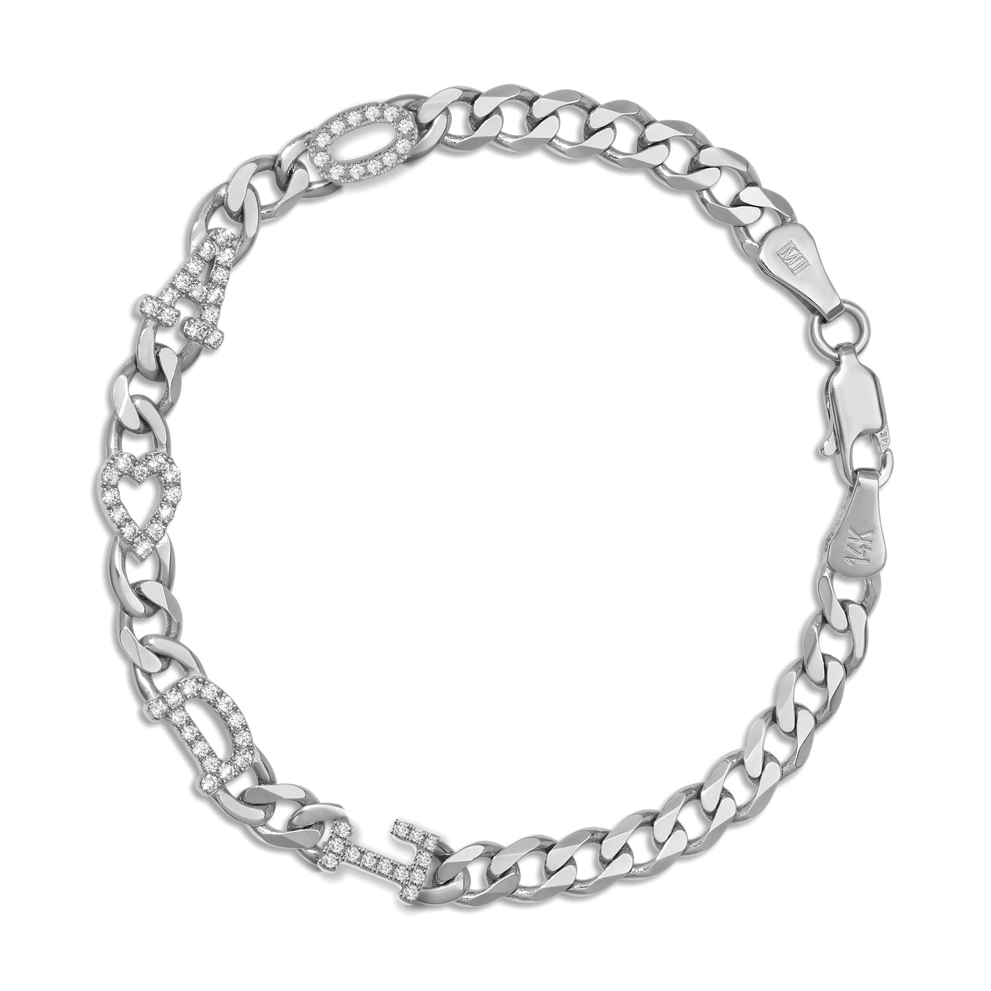 Large curb chain bracelet with diamond letters .