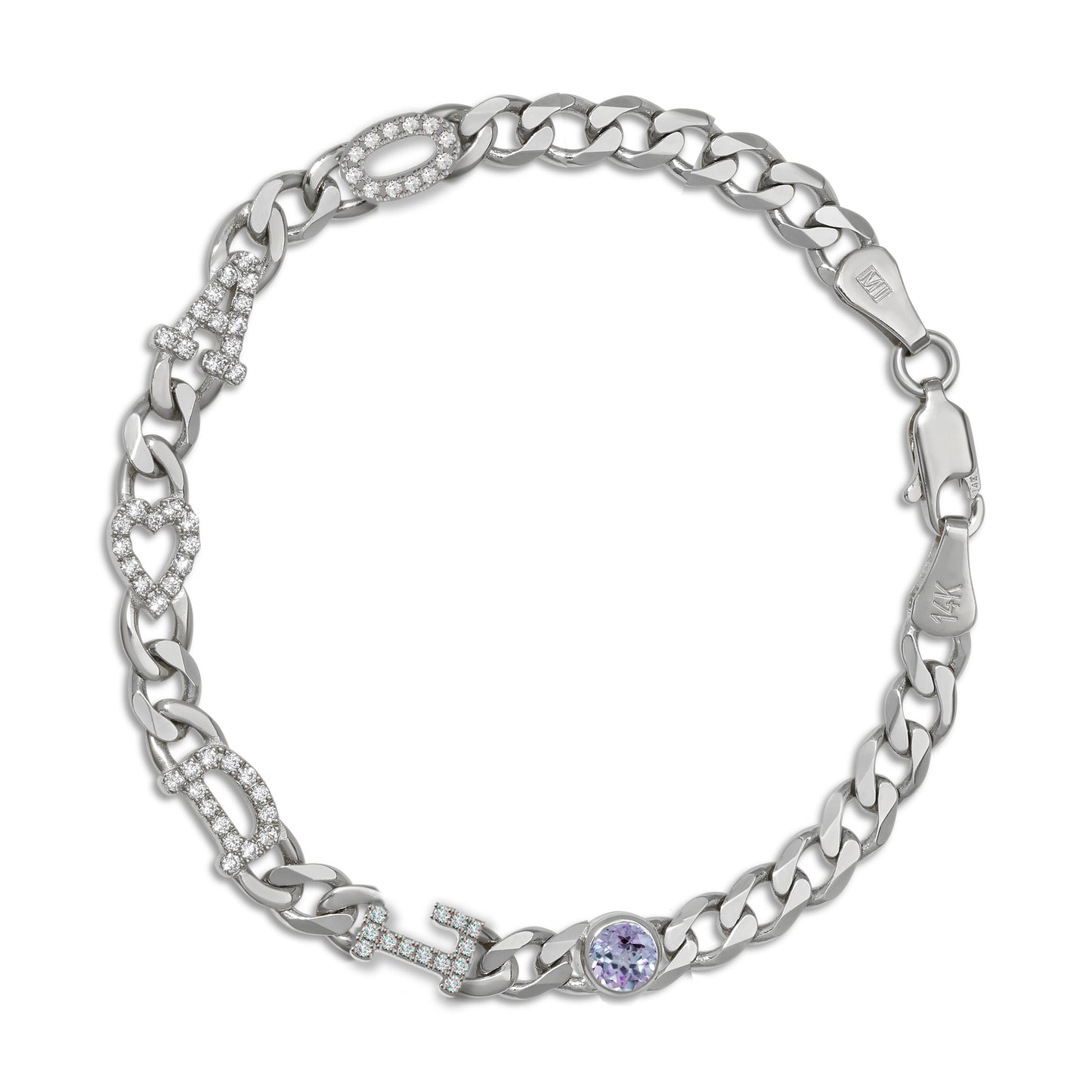 Large curb chain bracelet with diamond letters .