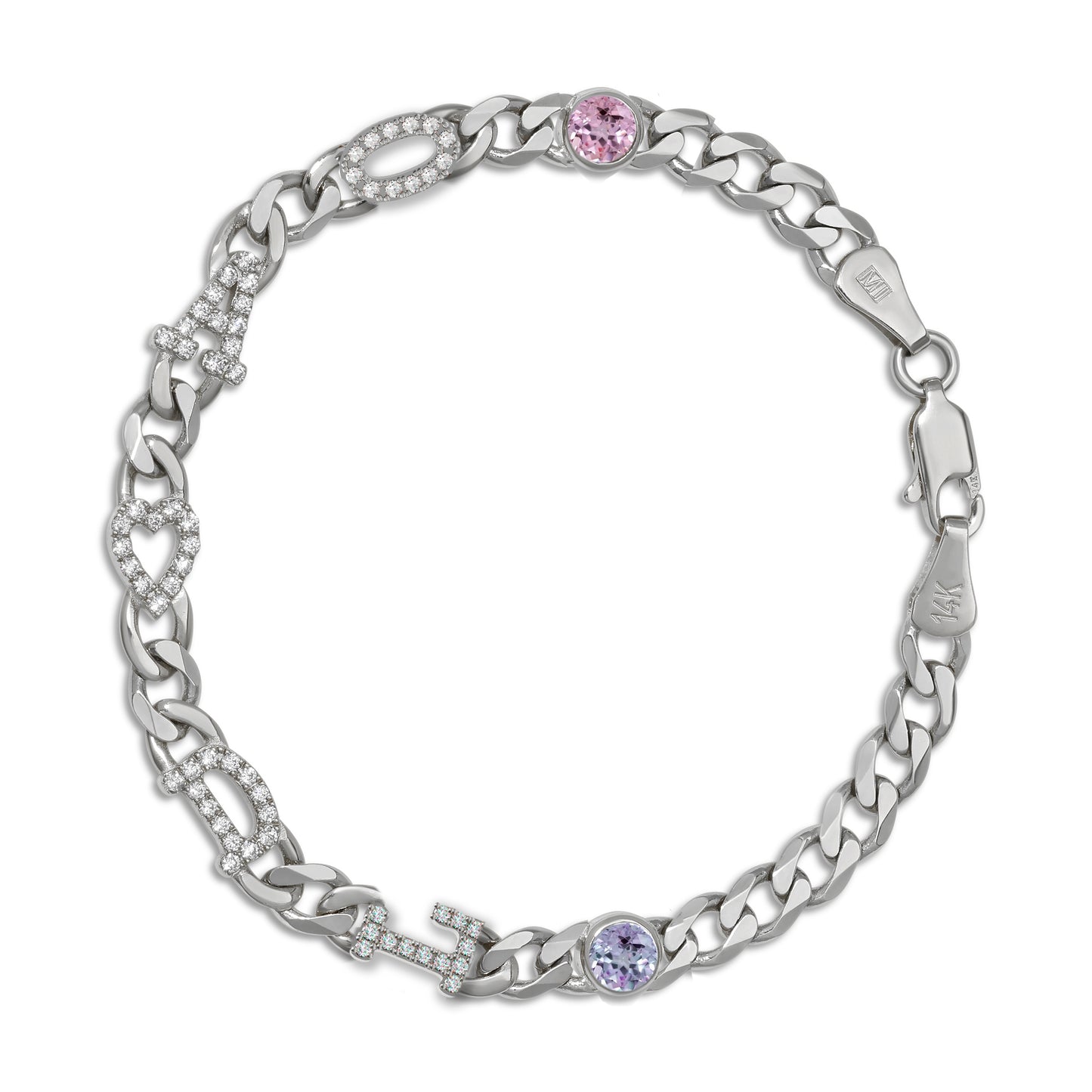 Large curb chain bracelet with diamond letters .