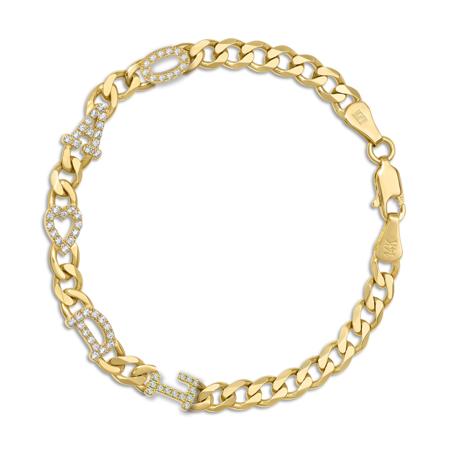 Large curb chain bracelet with diamond letters .