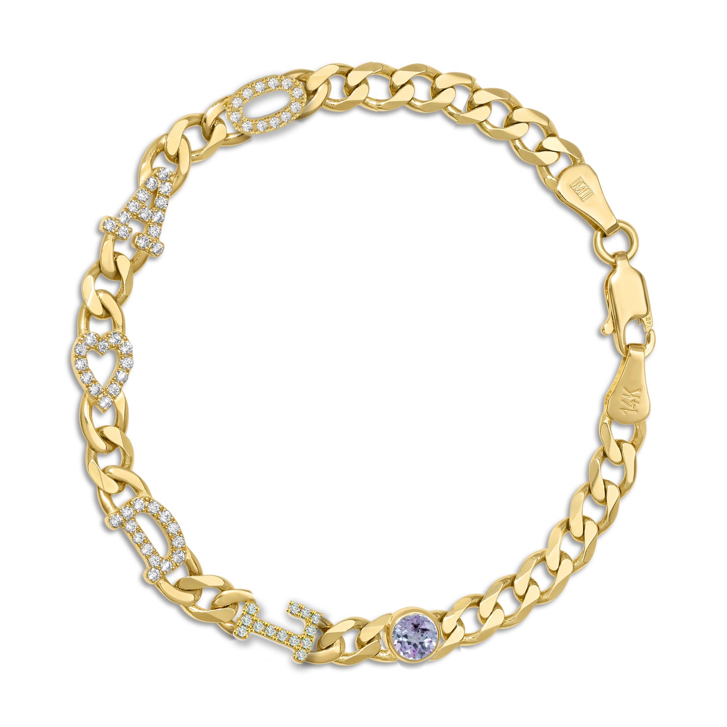 Large curb chain bracelet with diamond letters .
