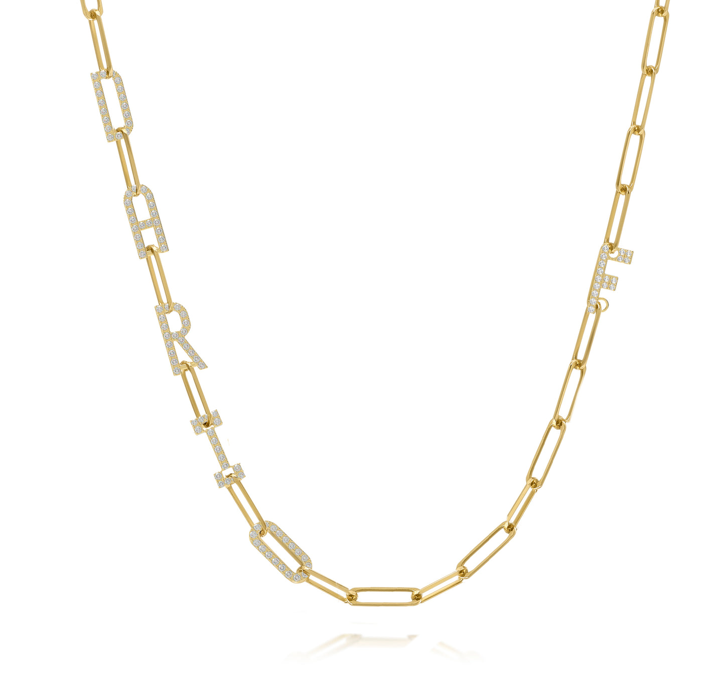 Paper clip chain necklace with pave letters