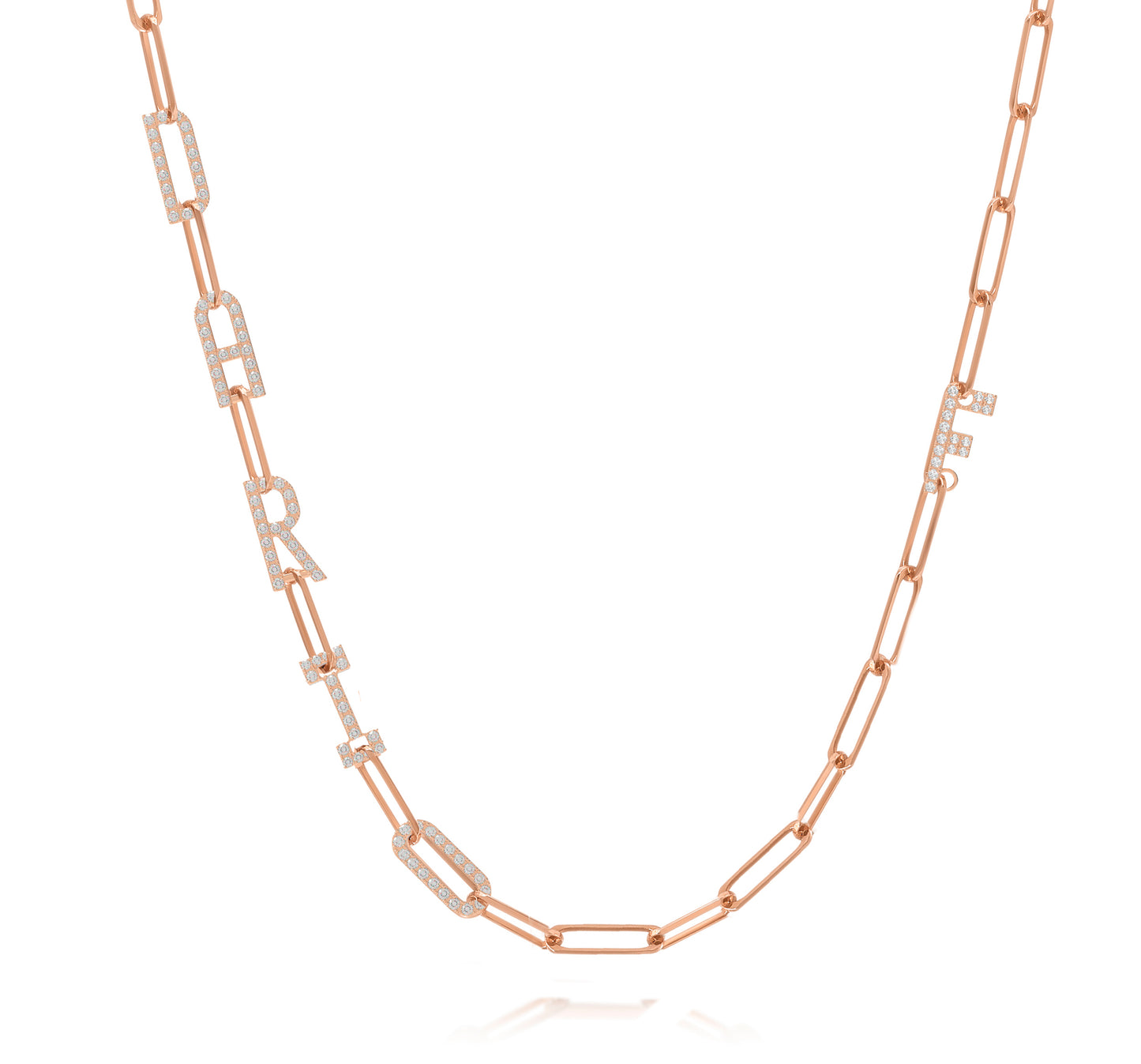 Paper clip chain necklace with pave letters