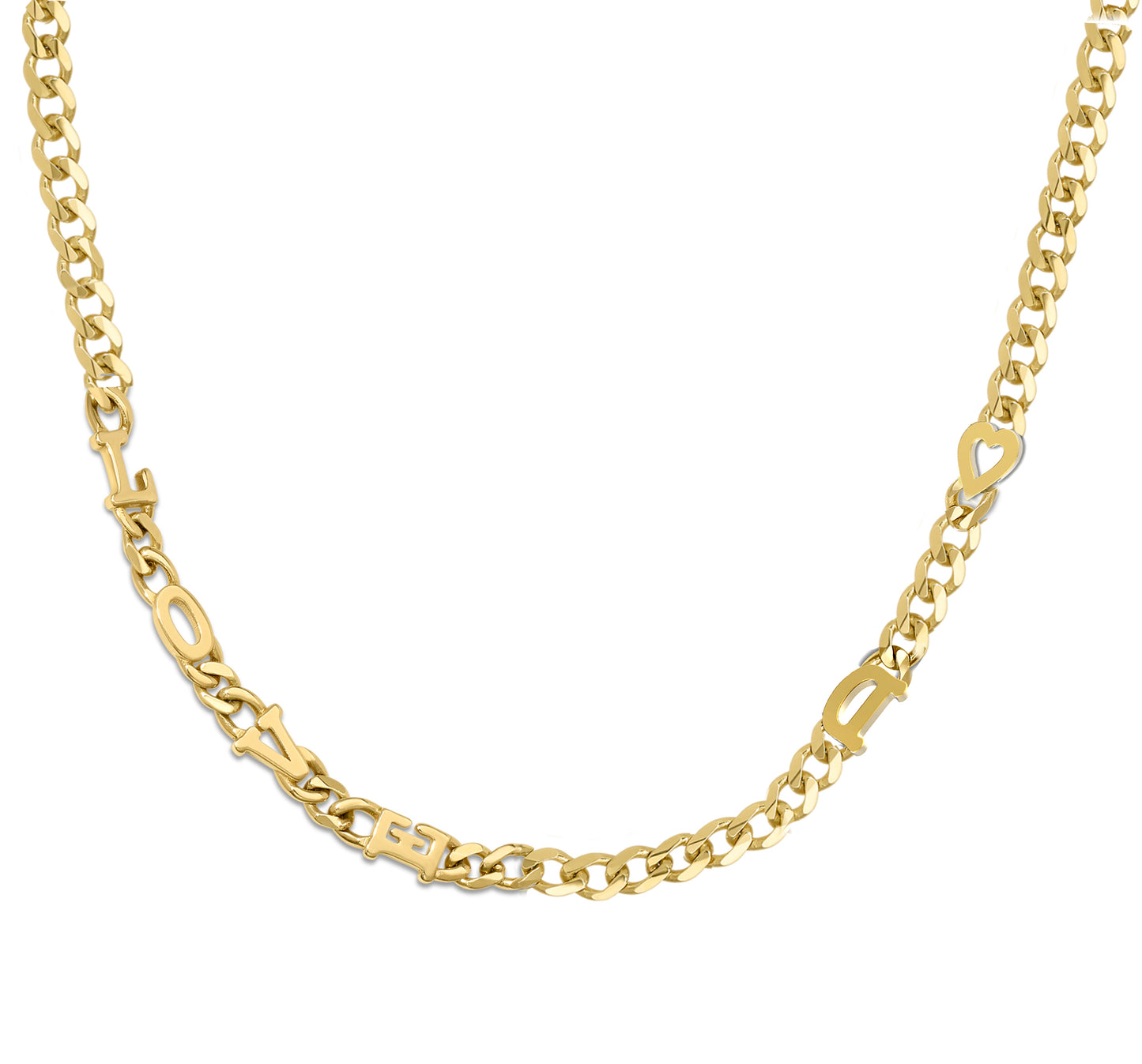 Large curb chain necklace with gold etterrs