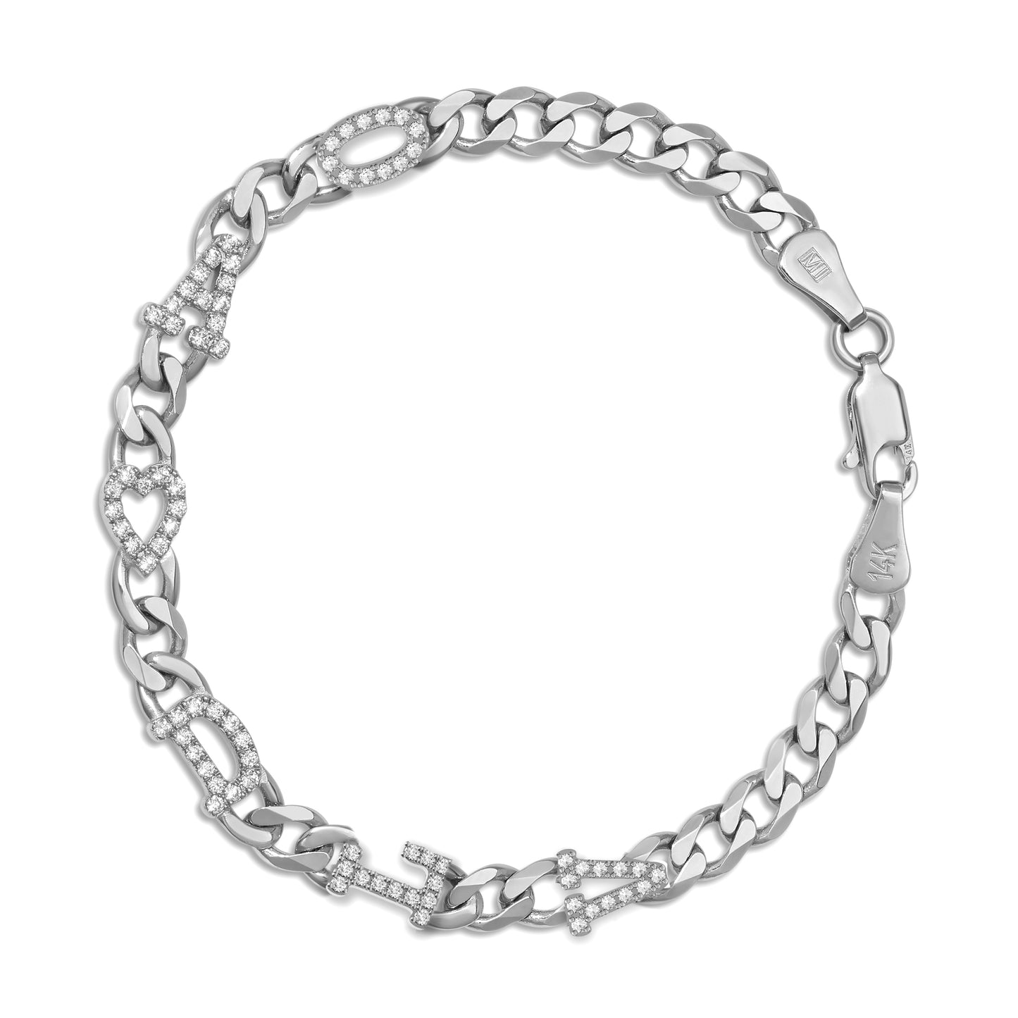 Large curb chain bracelet with diamond letters .