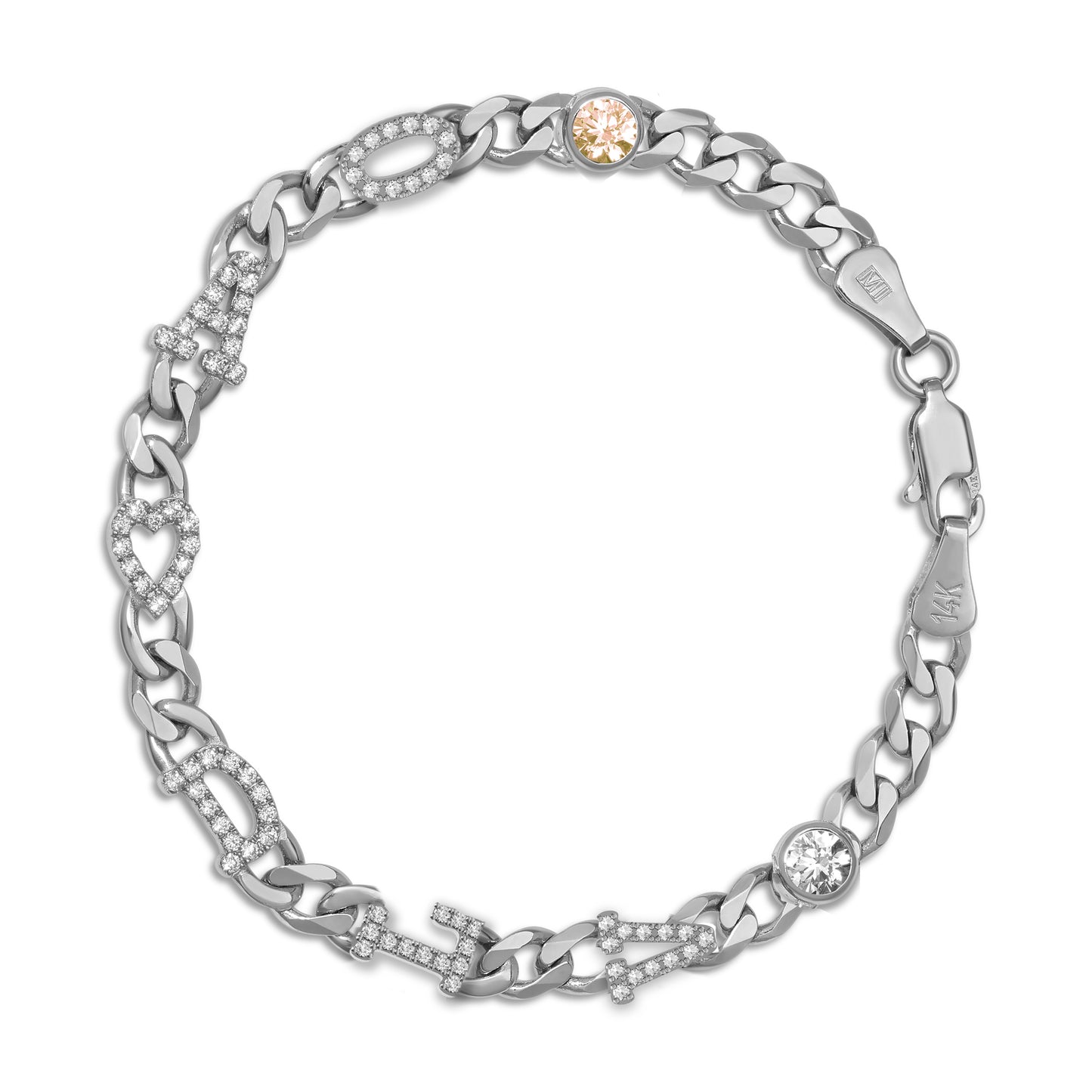 Large curb chain bracelet with diamond letters .