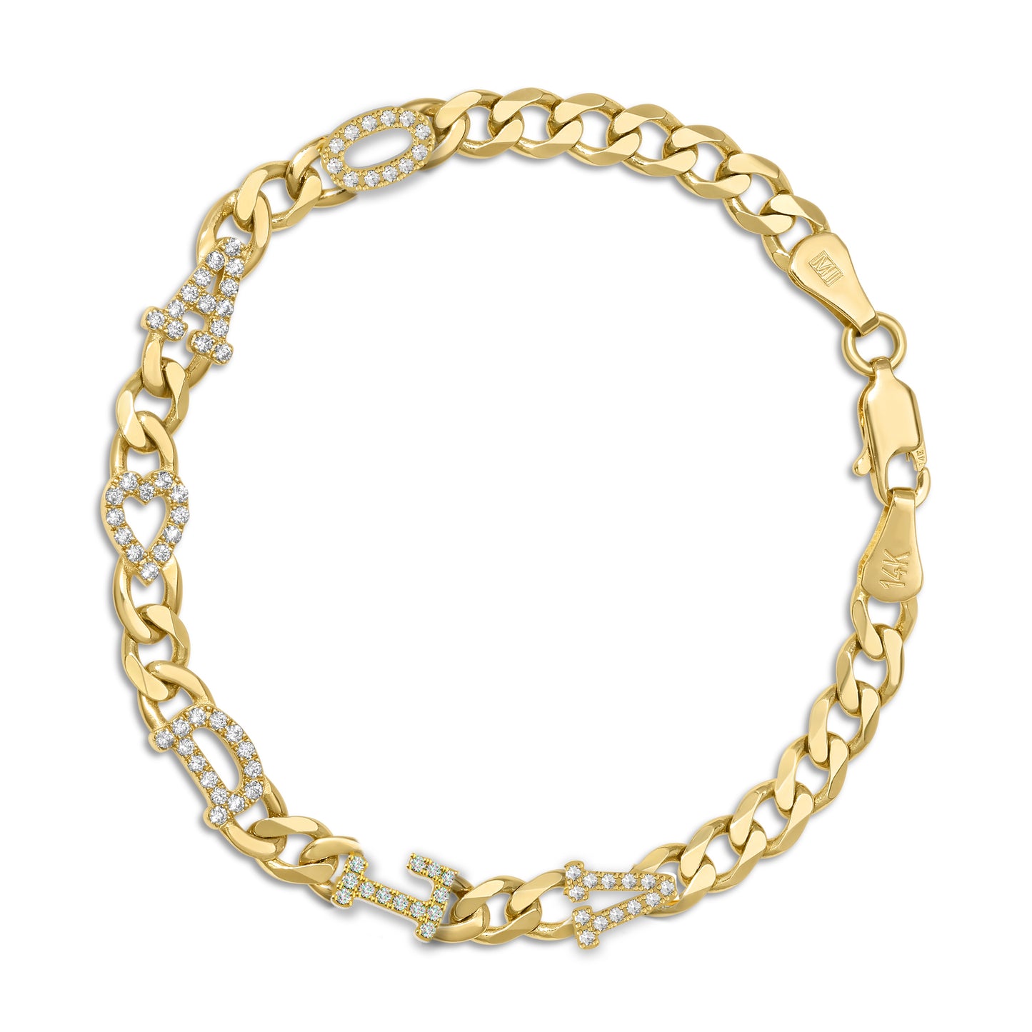 Large curb chain bracelet with diamond letters .