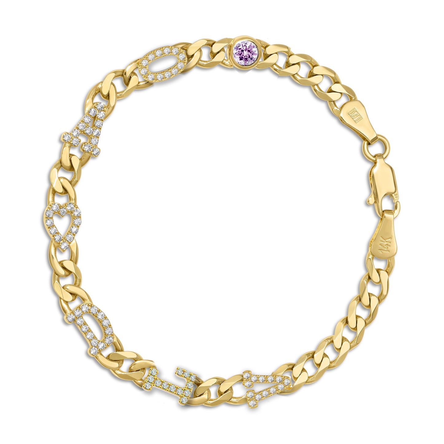 Large curb chain bracelet with diamond letters .